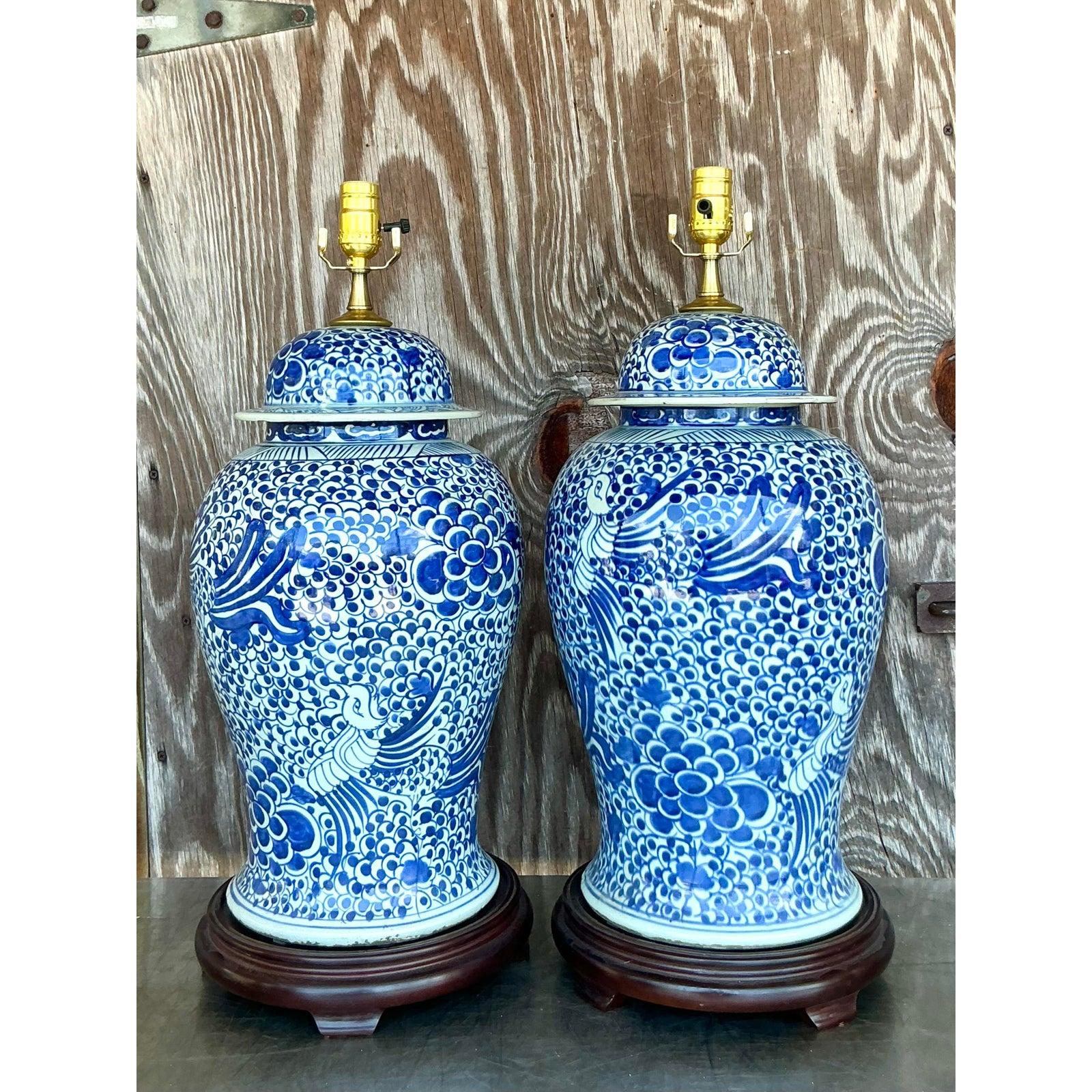 Contemporary Vintage Boho Blue and White Ceramic Lamps - A Pair For Sale
