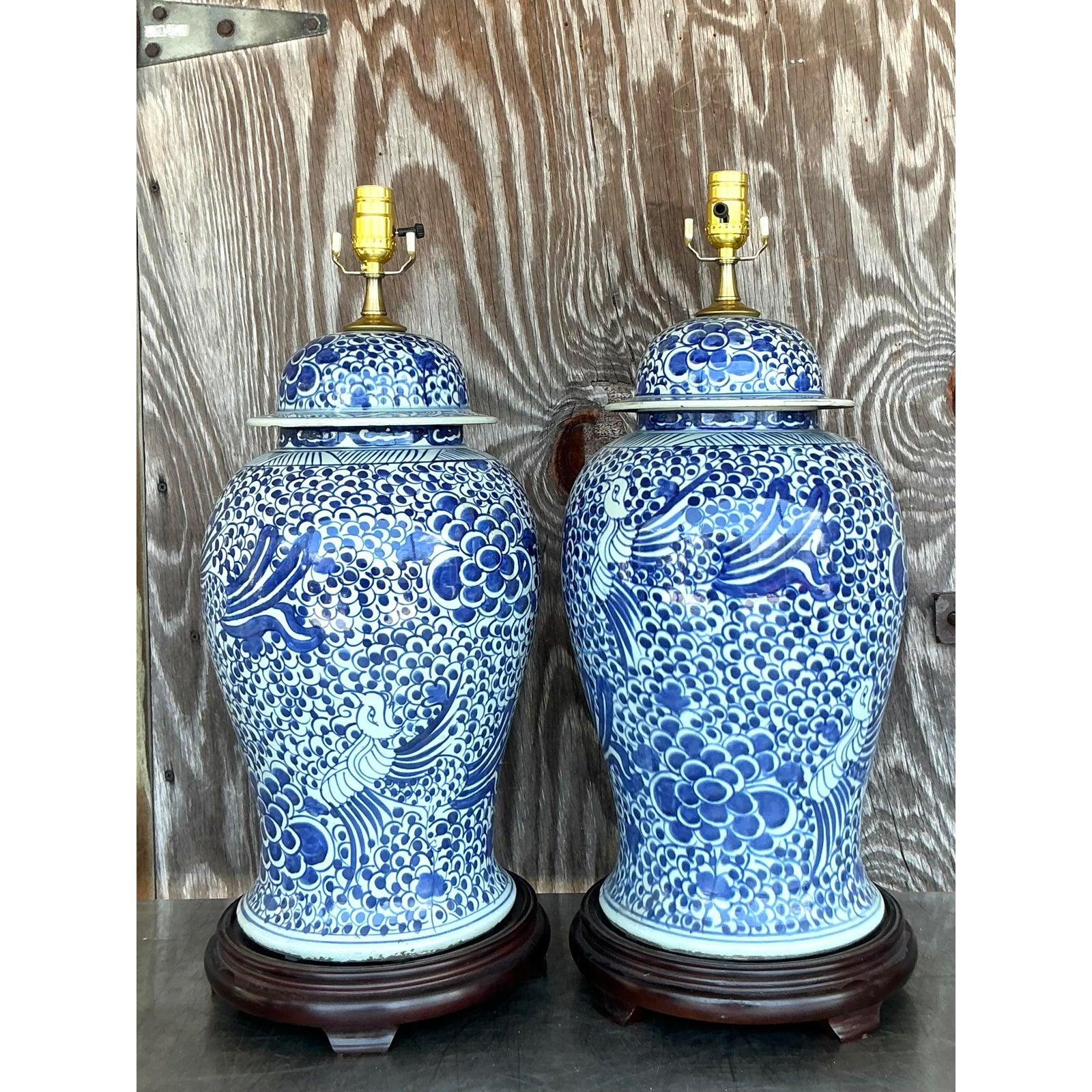 Vintage Boho Blue and White Ceramic Lamps - A Pair For Sale 1