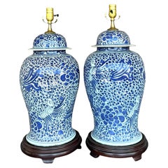 Vintage Boho Blue and White Ceramic Lamps - A Pair