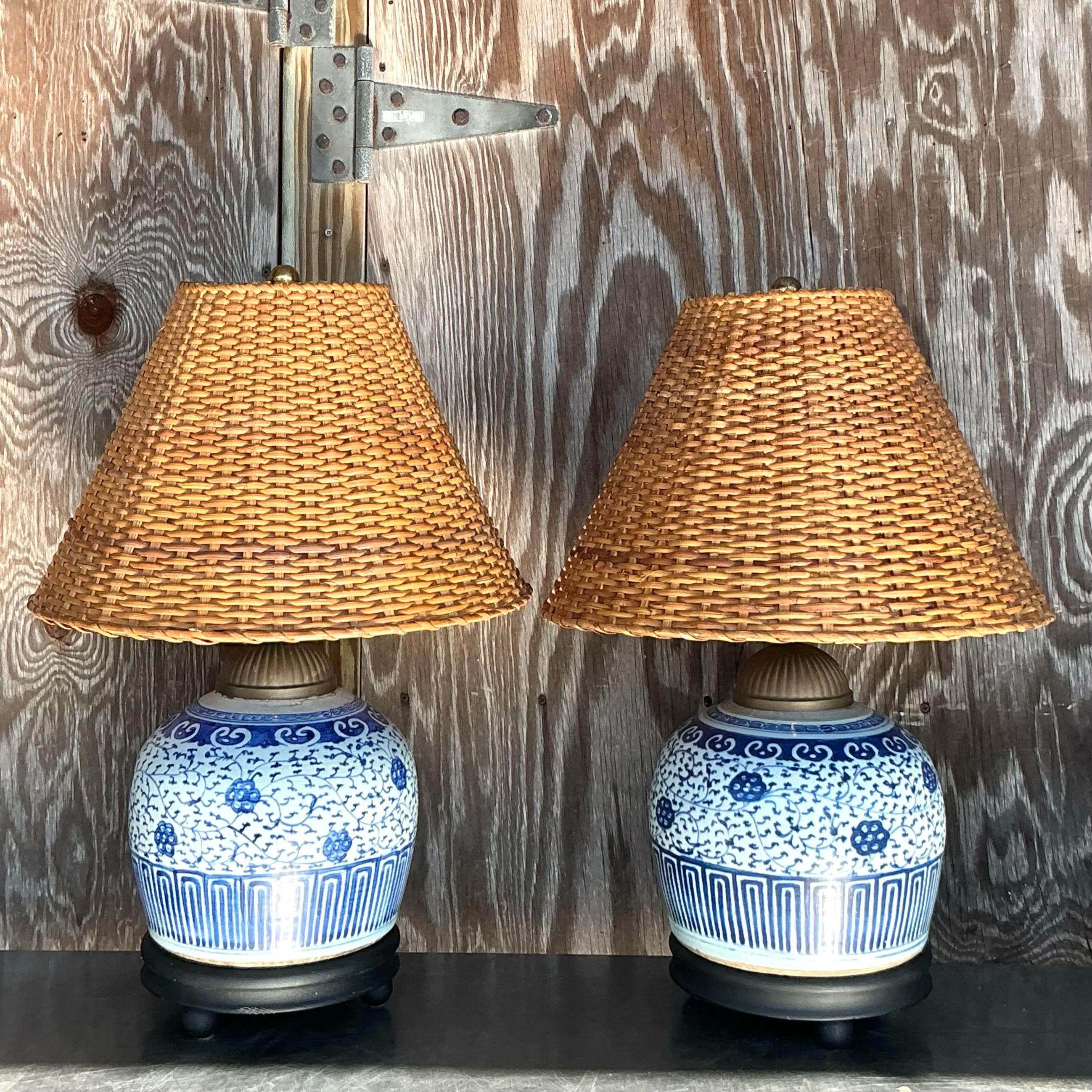 20th Century Vintage Boho Blue and White Ceramic Lamps With Woven Rattan Shades - a Pair