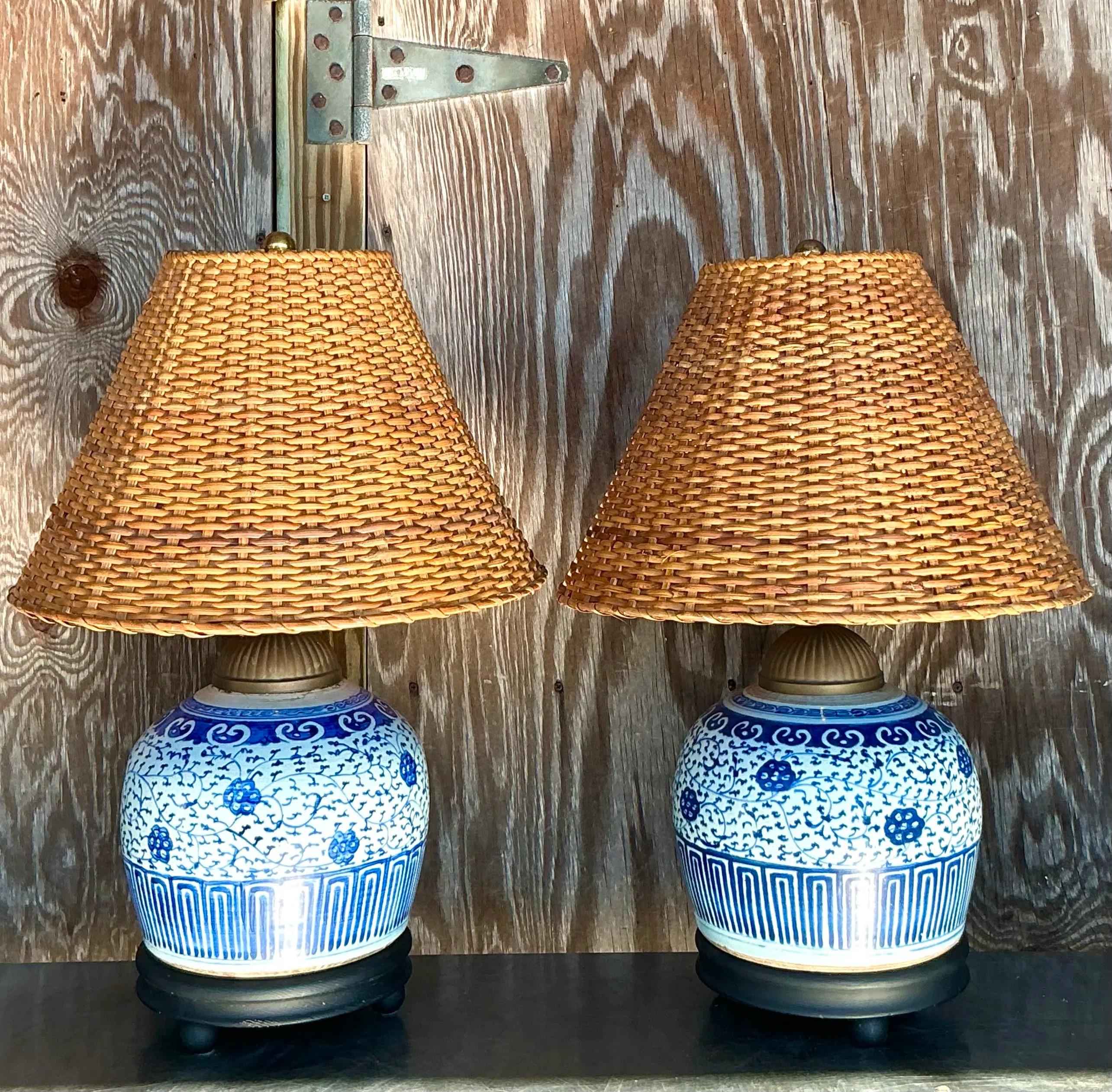 Vintage Boho Blue and White Ceramic Lamps With Woven Rattan Shades - a Pair 1