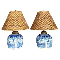 Vintage Boho Blue and White Ceramic Lamps With Woven Rattan Shades - a Pair