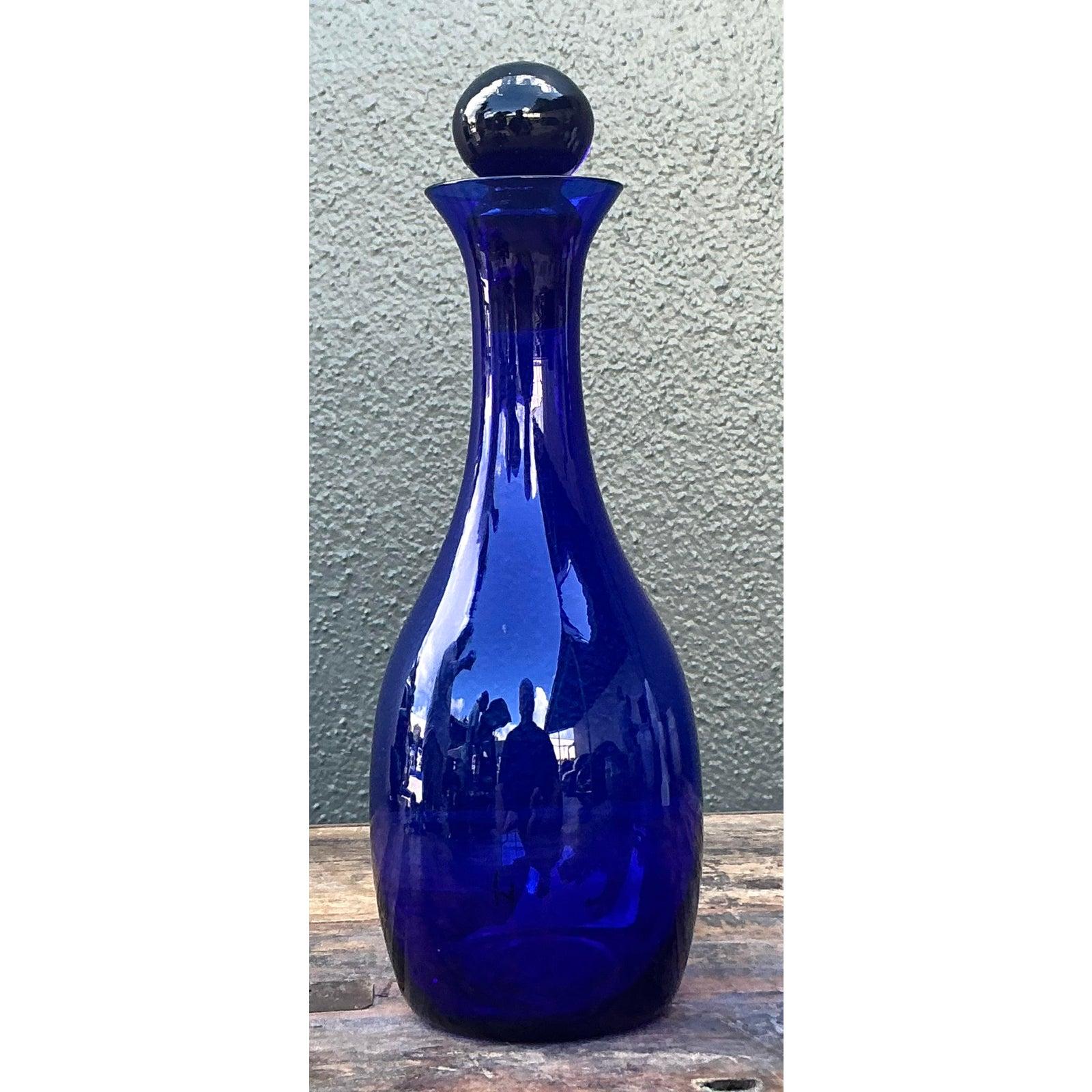 Vintage Boho Blau Kunst Glas Dekanter (Glaskunst) im Angebot