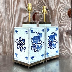 Vintage Boho Blue Dragon Lamps - a Pair