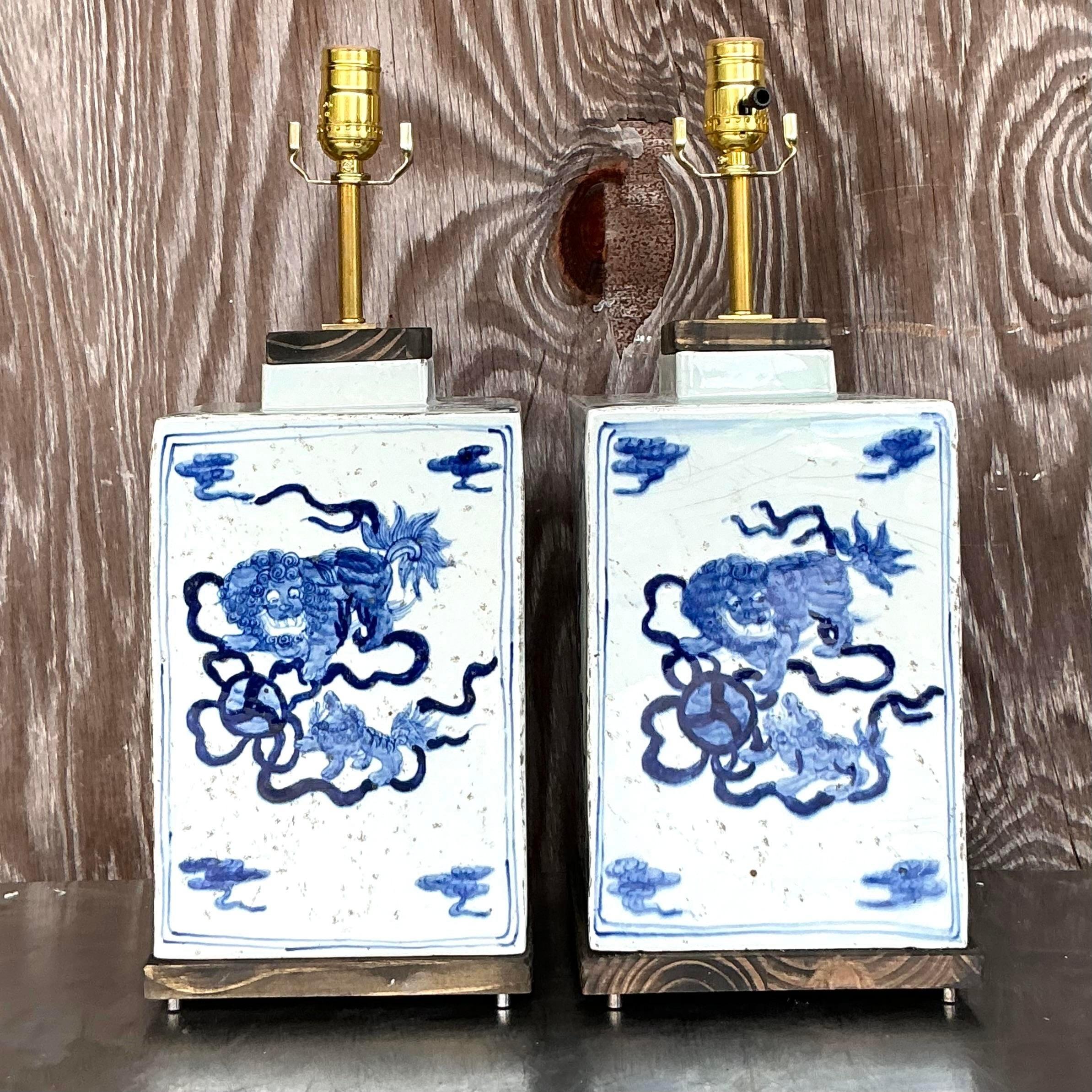 Chinese Vintage Boho Blue Dragon Lamps - a Pair For Sale