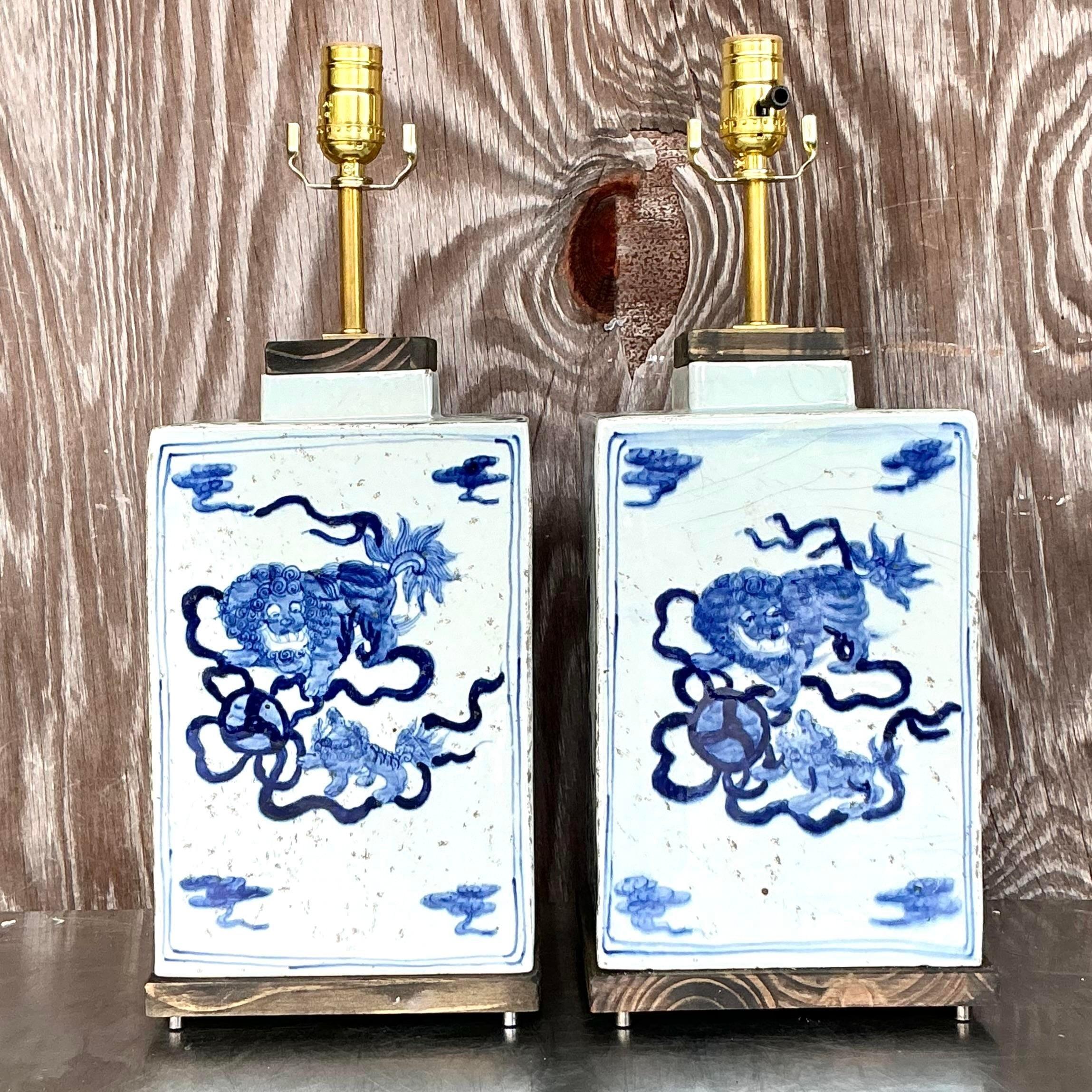 Vintage Boho Blue Dragon Lamps - a Pair In Good Condition For Sale In west palm beach, FL
