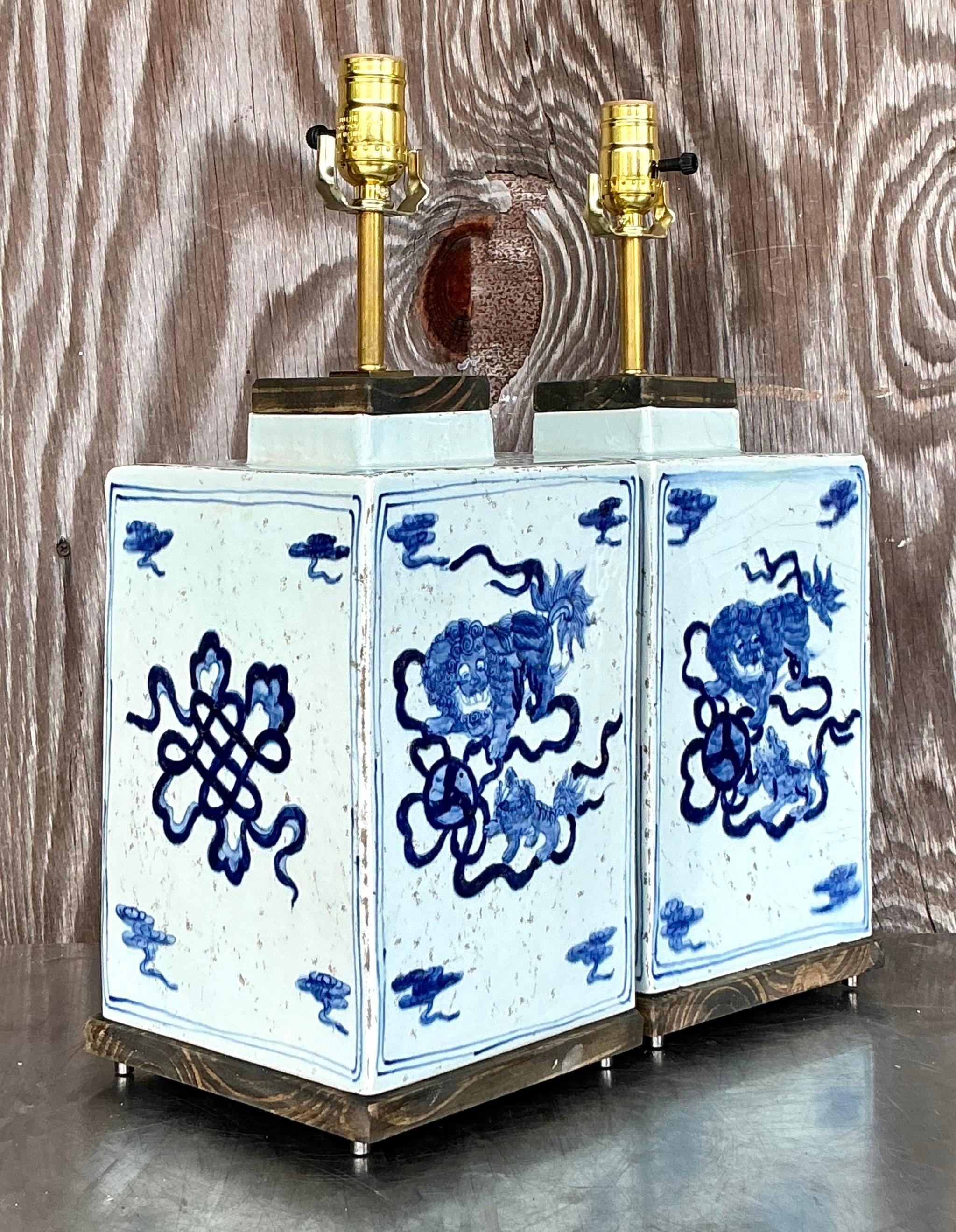 20th Century Vintage Boho Blue Dragon Lamps - a Pair For Sale
