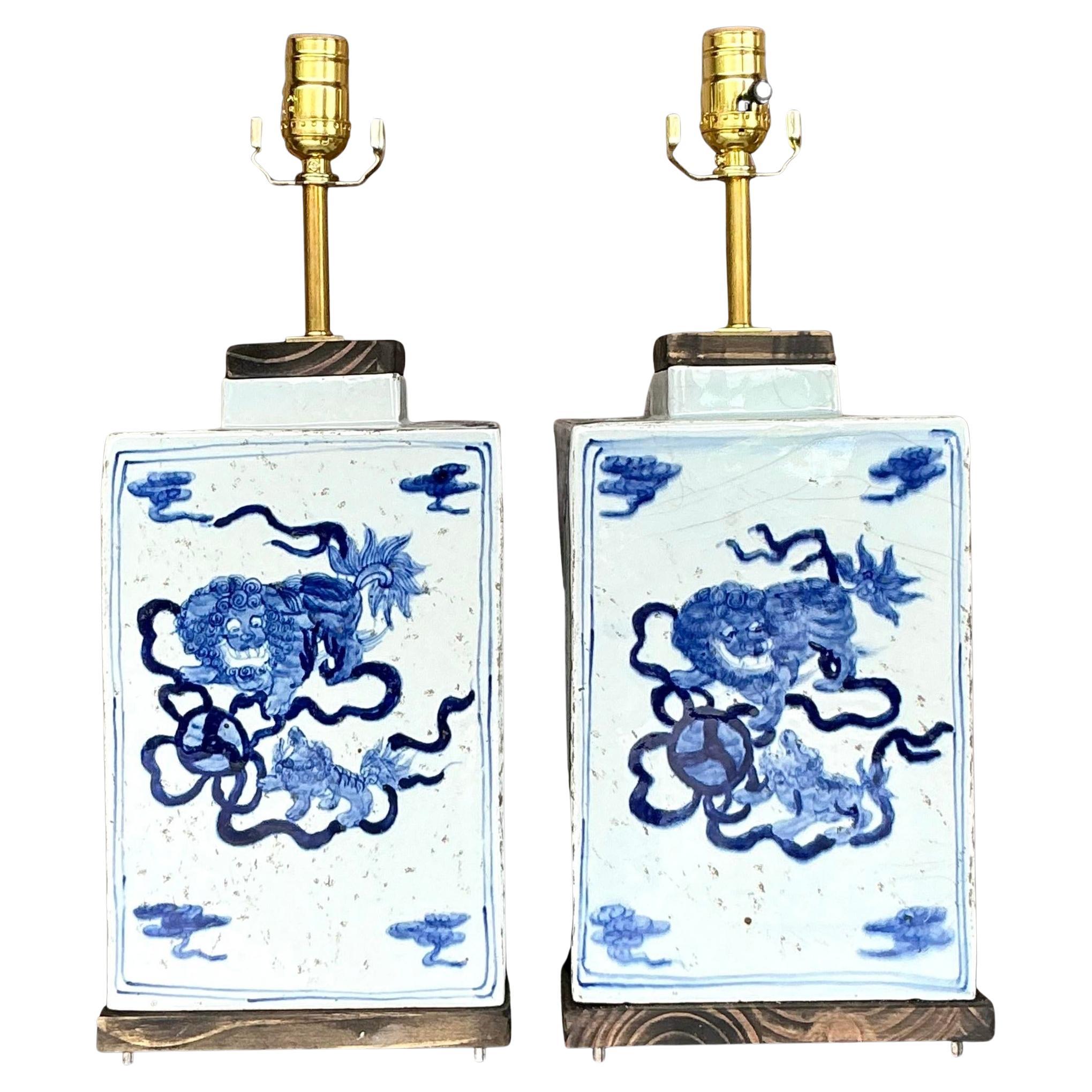 Vintage Boho Blue Dragon Lamps - a Pair For Sale