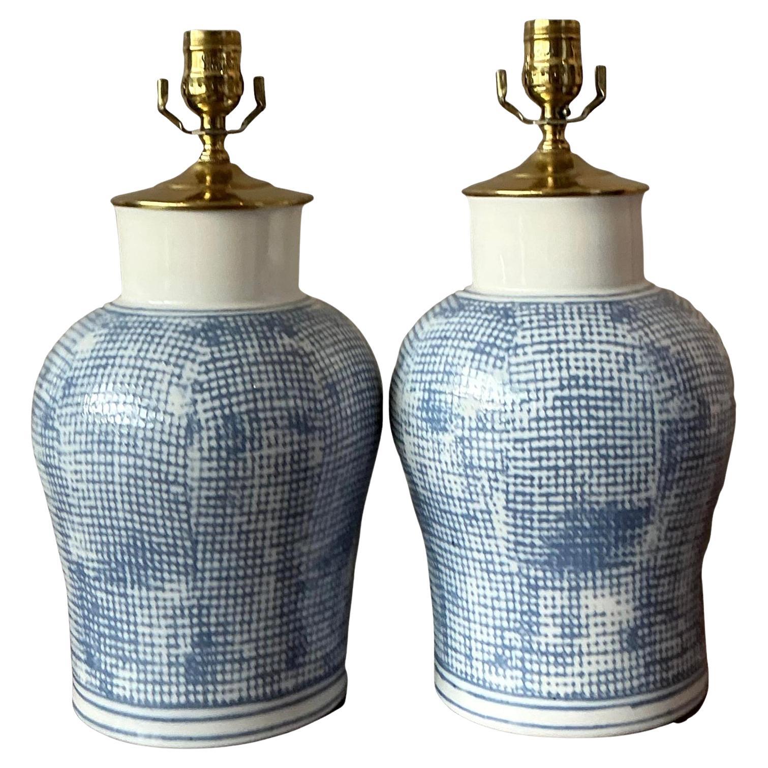 Lampade vintage in ceramica smaltata con stampa blu Boho - una coppia
