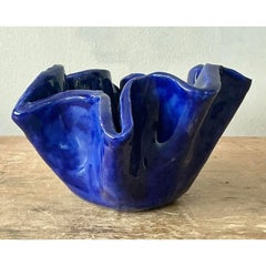 Vintage Boho Blue Ruffle Studio Pottery Bowl