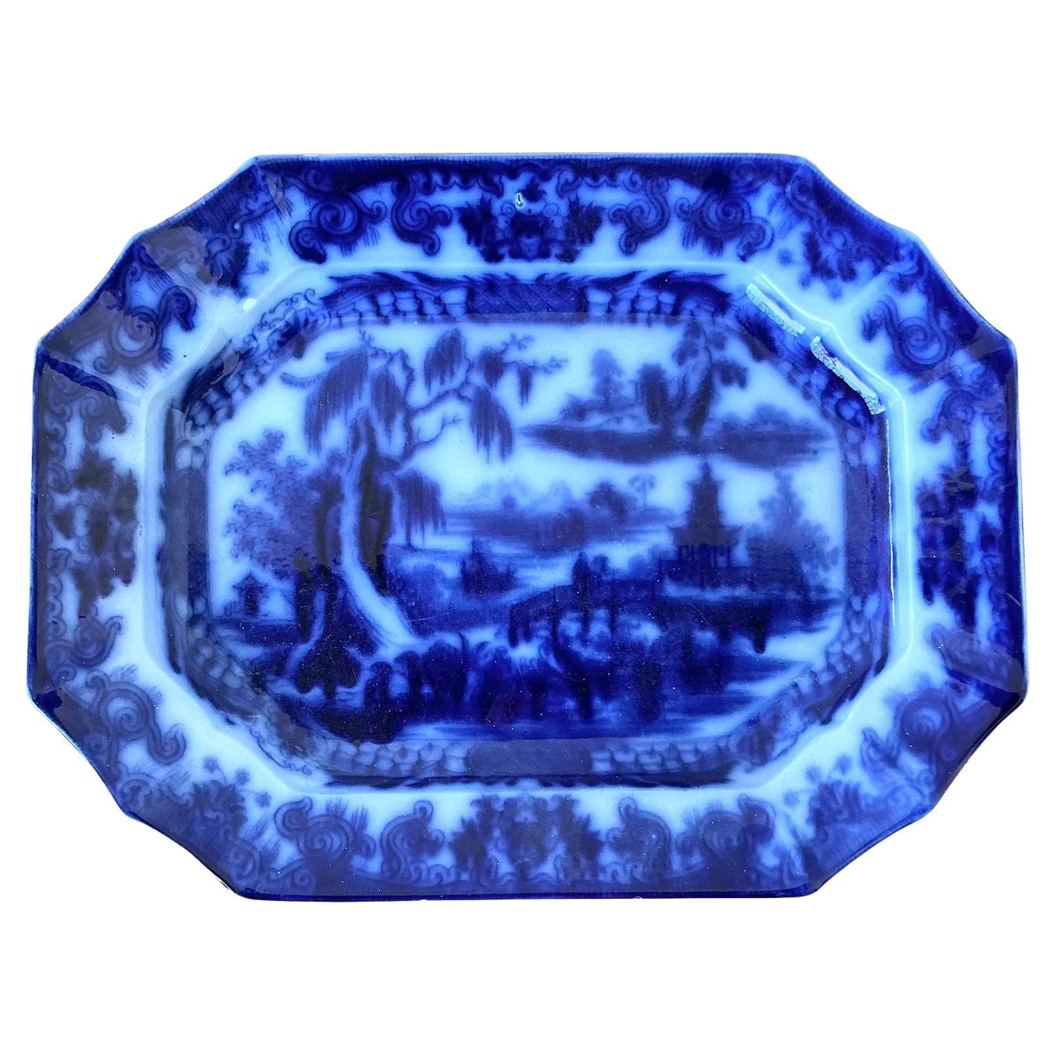 Vintage Boho Blue Willow Octagon Ceramic Platter For Sale