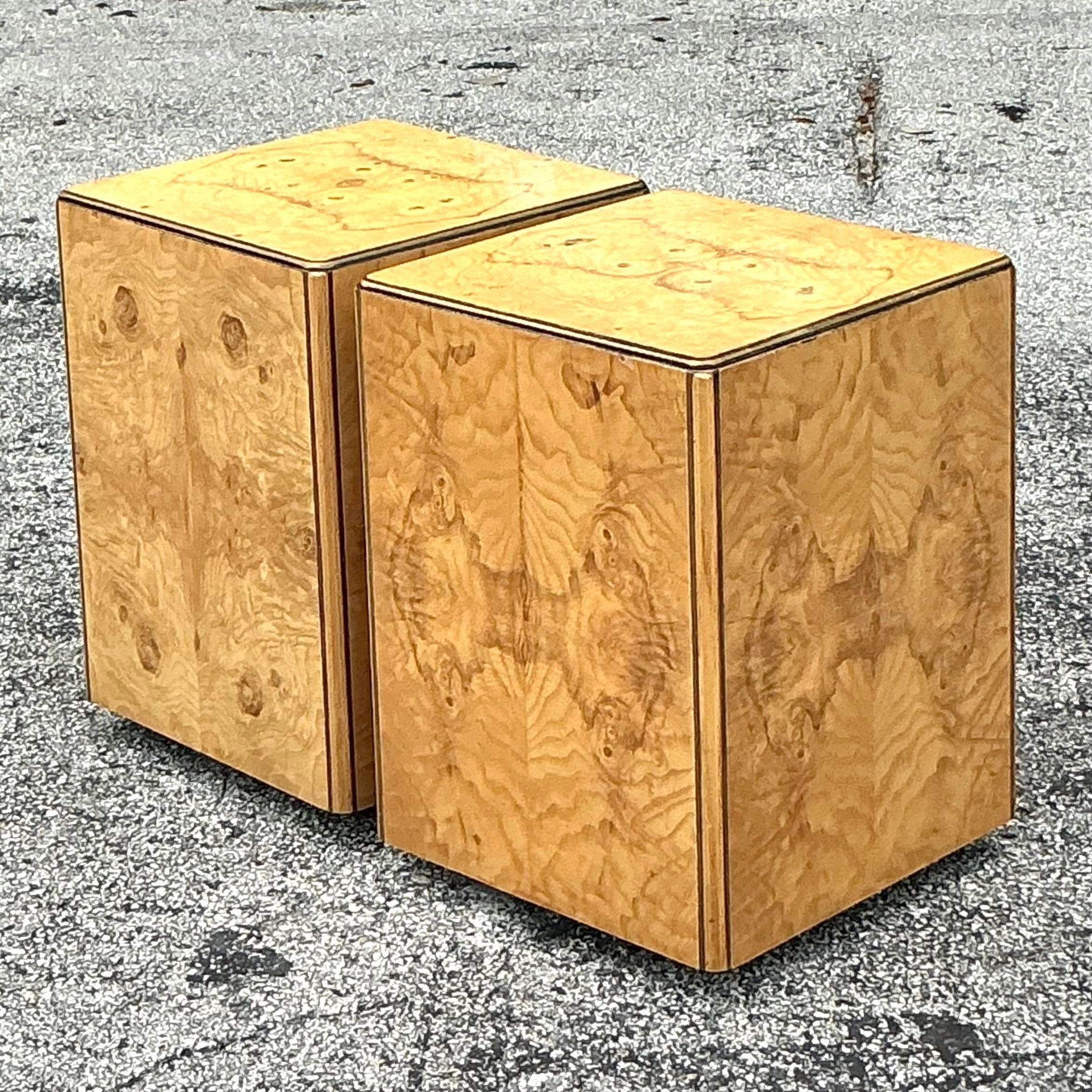 Vintage Boho Book Matched Burl Wood Cubes After Henredon In Good Condition In West Palm Beach, FL