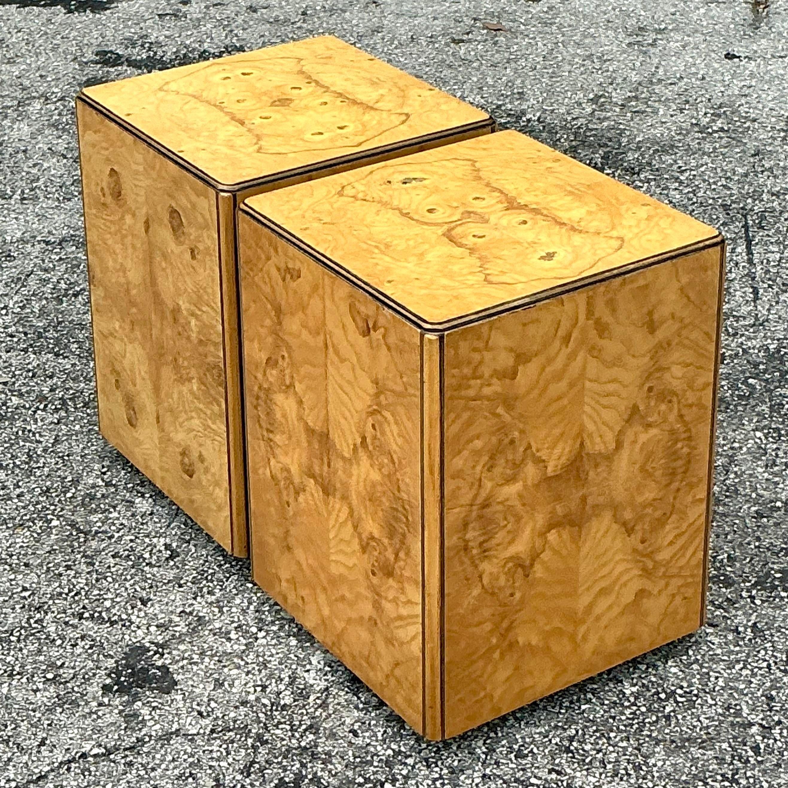 Vintage Boho Book Matched Burl Wood Cubes After Henredon 1