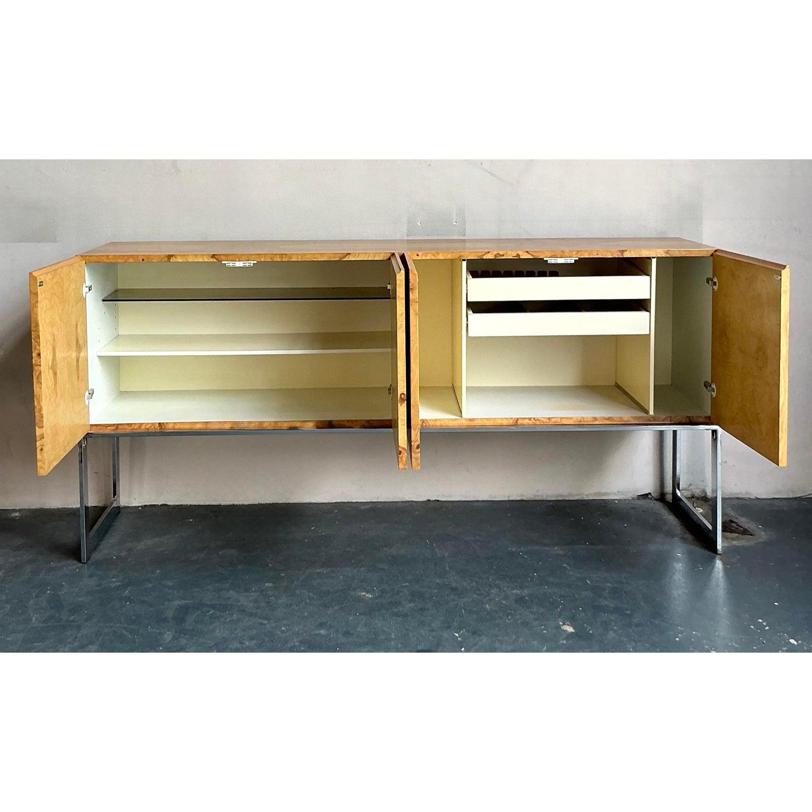 Vintage Boho Bookmatched Burl Credenza After Milo Baughman for Thayer Coggin For Sale 3