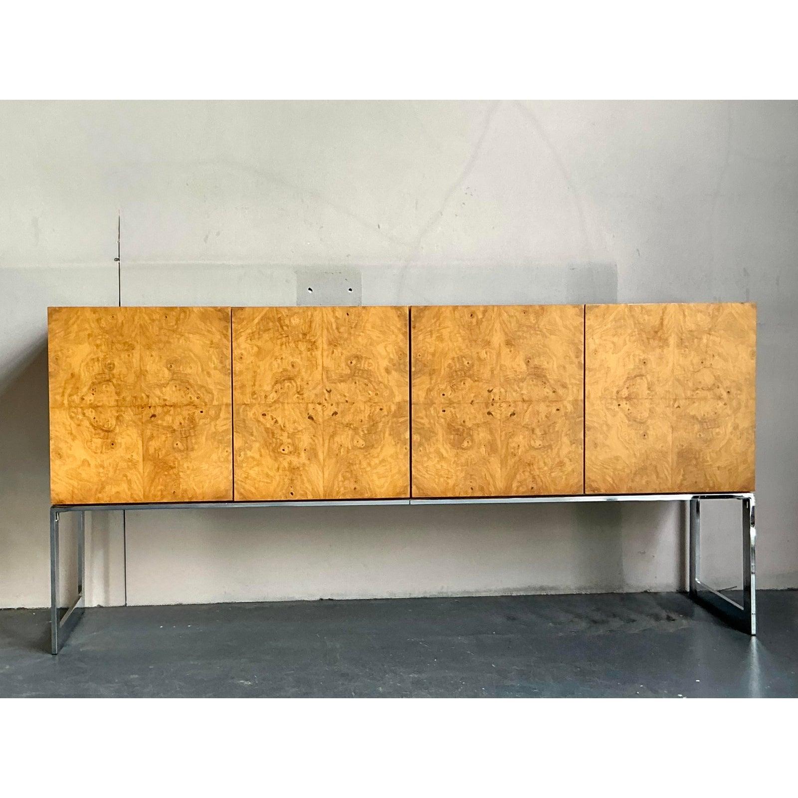 Vintage Boho Bookmatched Burl Credenza After Milo Baughman for Thayer Coggin For Sale 4