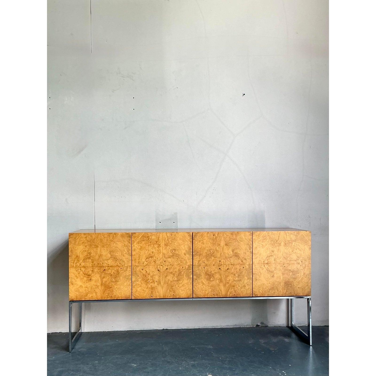 Vintage Boho Bookmatched Burl Credenza After Milo Baughman for Thayer Coggin For Sale 5