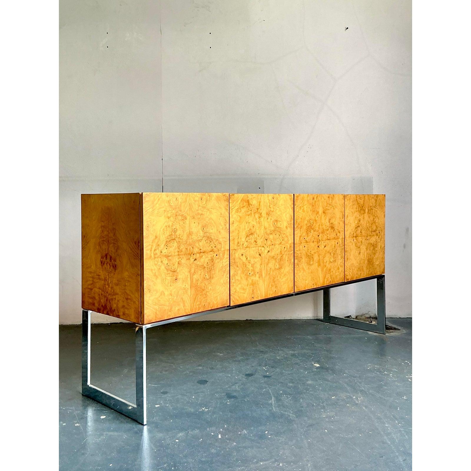 Hollywood Regency Vintage Boho Bookmatched Burl Credenza After Milo Baughman for Thayer Coggin For Sale