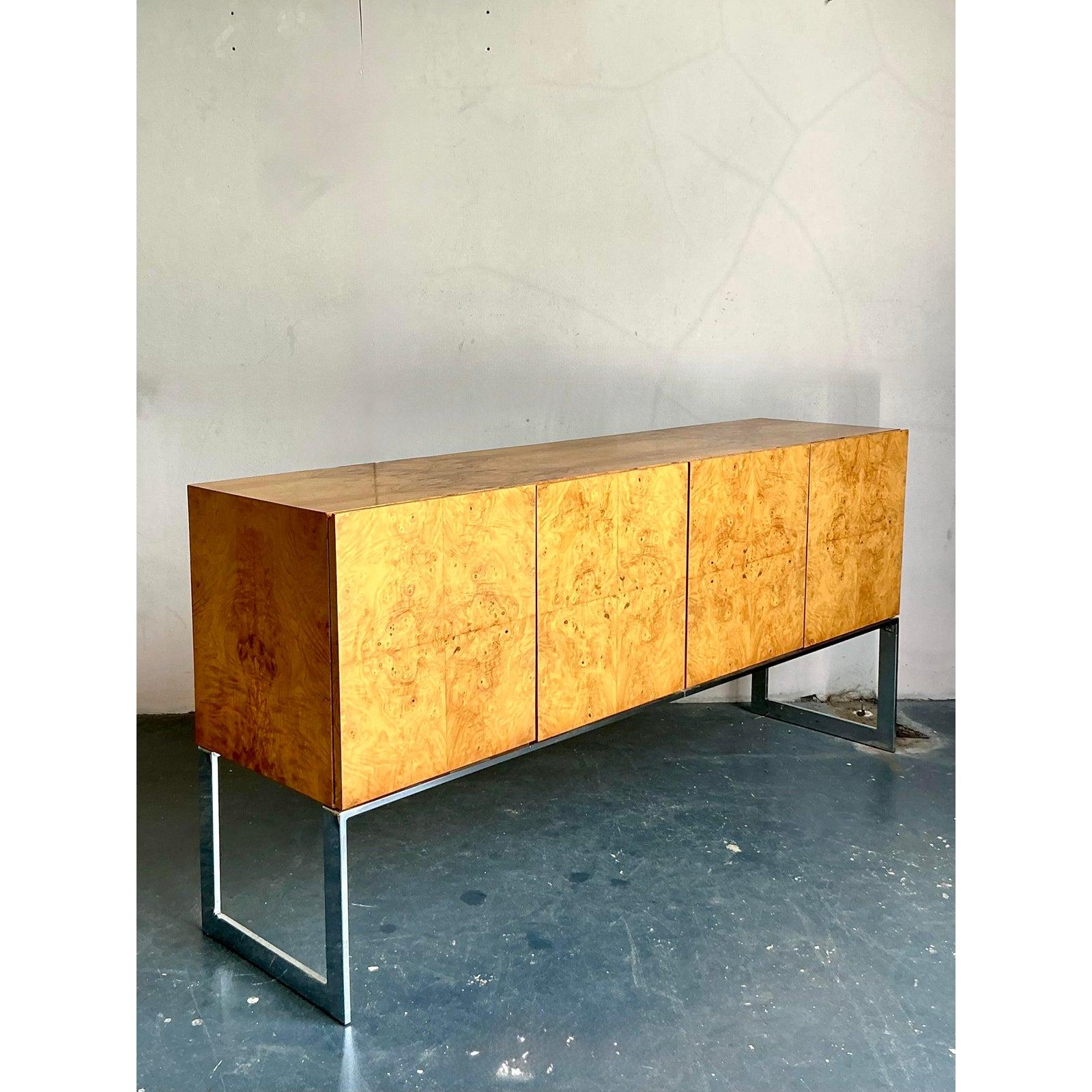 Chrome Vintage Boho Bookmatched Burl Credenza After Milo Baughman for Thayer Coggin For Sale