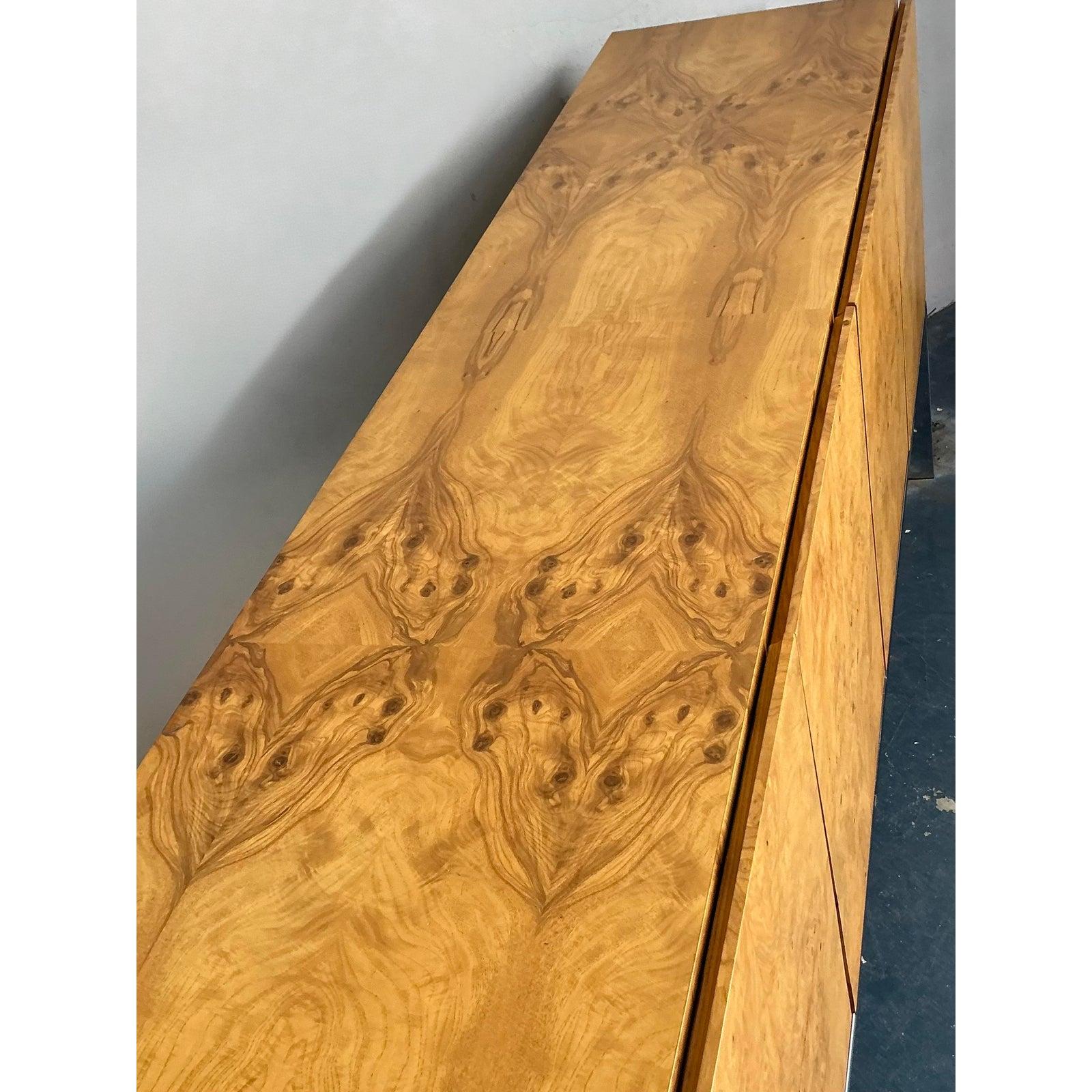 Vintage Boho Bookmatched Burl Credenza After Milo Baughman for Thayer Coggin For Sale 1
