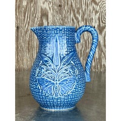 Vintage Boho Bordallo Pinheiro Blue Glazed Ceramic Pitcher