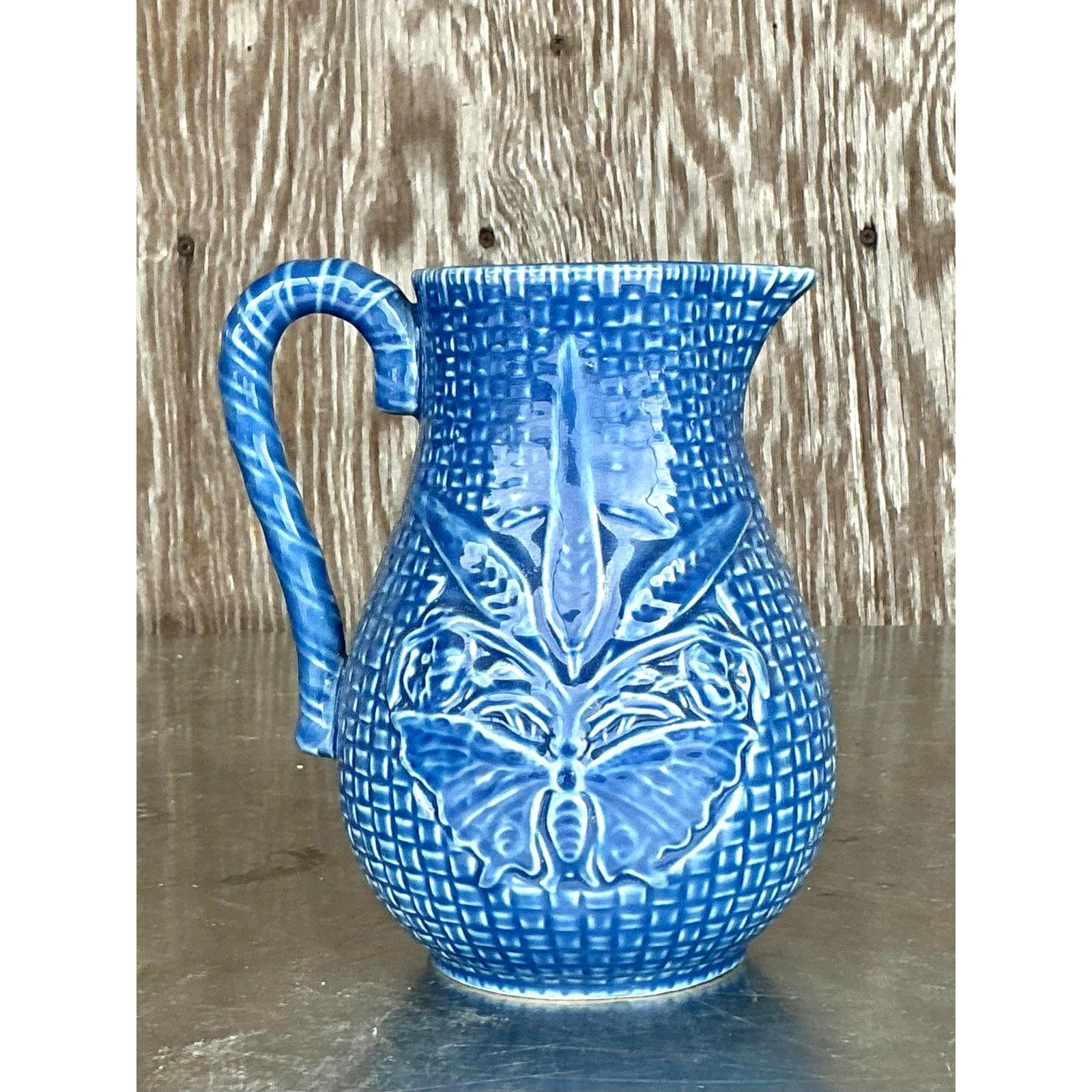 Jarra Vintage Boho Bordallo Pinheiro Cerámica Esmaltada Azul Portugués en venta