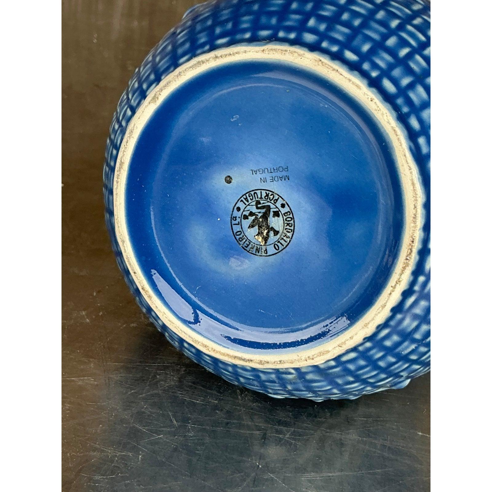 Jarra Vintage Boho Bordallo Pinheiro Cerámica Esmaltada Azul Cerámico en venta