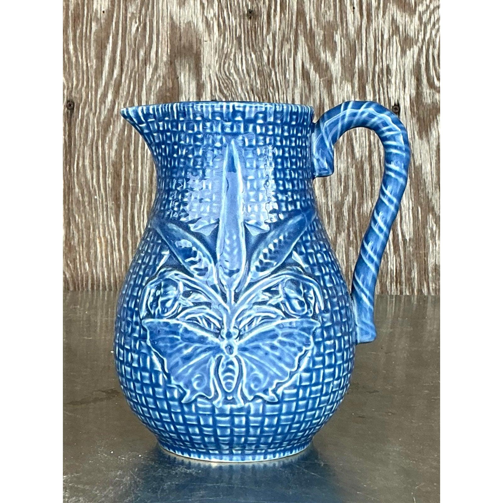 Jarra Vintage Boho Bordallo Pinheiro Cerámica Esmaltada Azul en venta 2