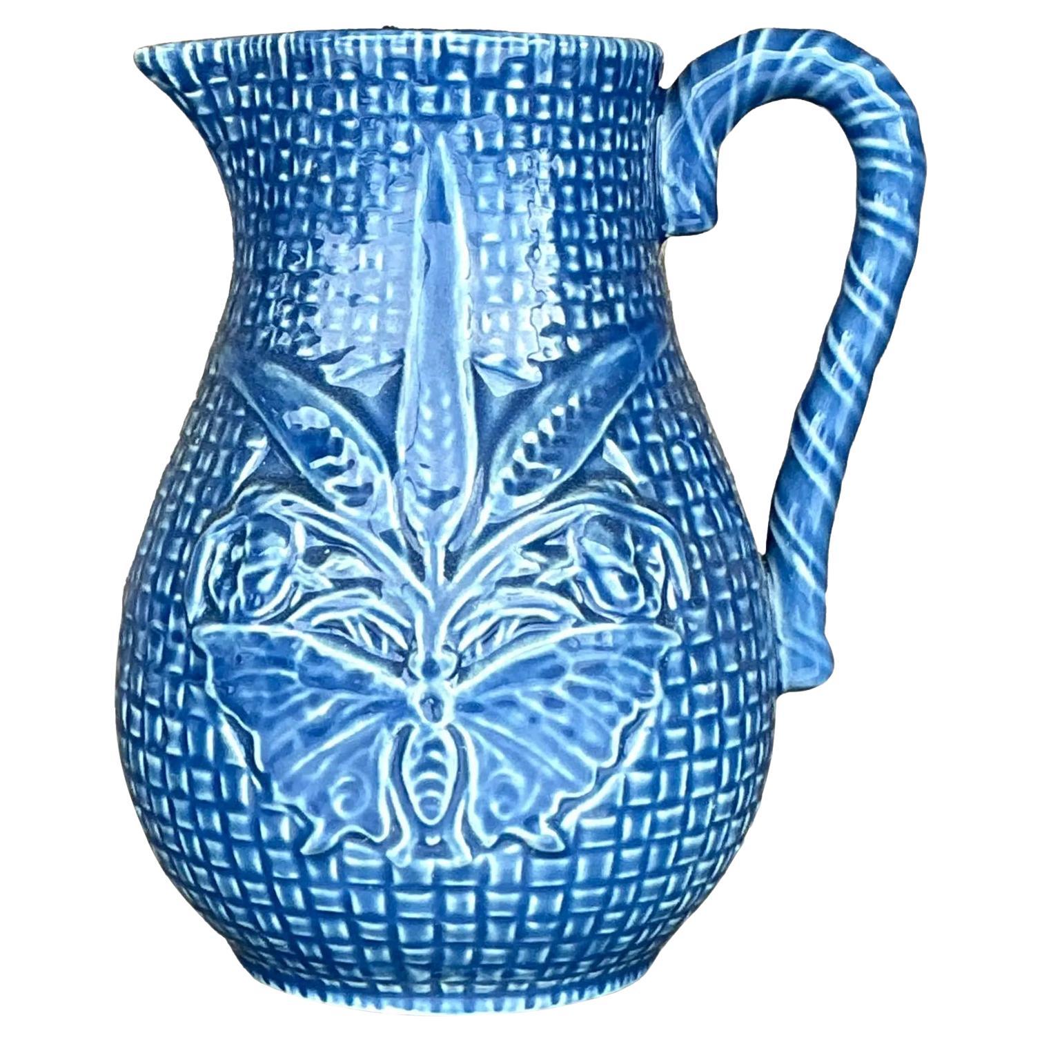 Blau glasierter Boho Bordallo Pinheiro-Krug aus Keramik, Vintage