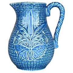 Vintage Boho Bordallo Pinheiro Blue Glazed Ceramic Pitcher