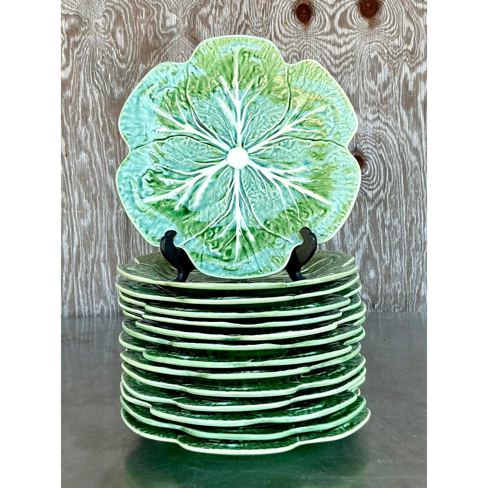 Portuguese Vintage Boho Bordallo Pinheiro Cabbage Plates - Set of 14 For Sale
