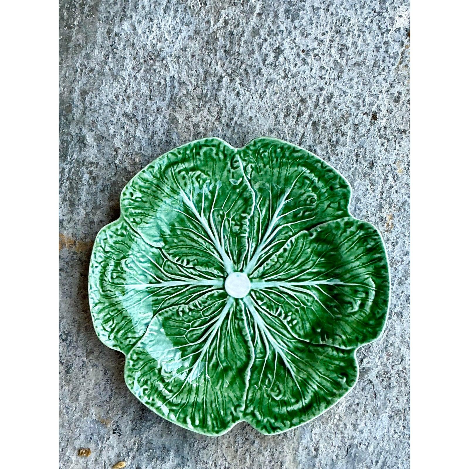Portuguese Vintage Boho Bordallo Pinheiro Glazed Ceramic Cabbage Plates - Set of 4