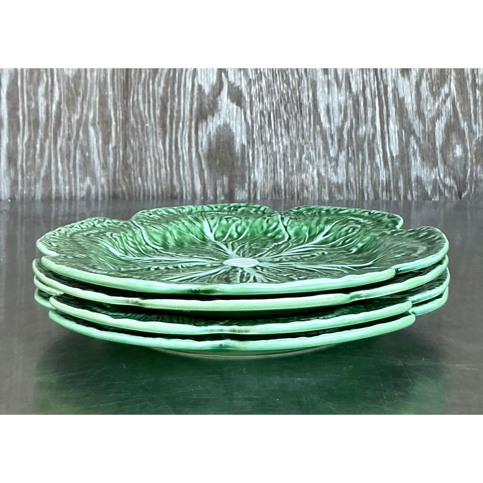 20th Century Vintage Boho Bordallo Pinheiro Glazed Ceramic Cabbage Plates - Set of 4