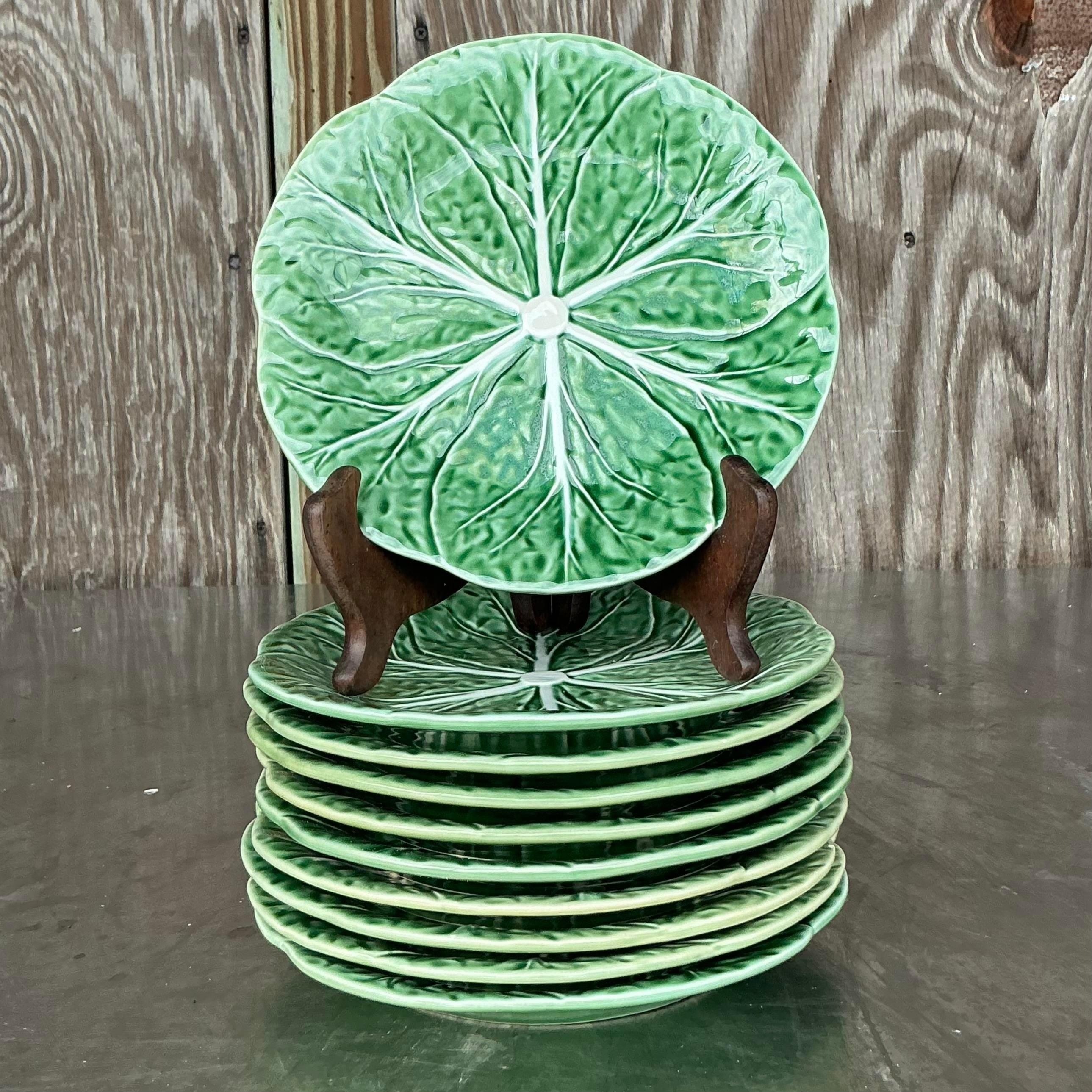Vintage Boho Bordallo Pinheiro Luncheon Plates – Set of 10 – Elevate your table with this whimsical set of Bordallo Pinheiro luncheon plates, featuring the brand’s signature botanical motifs. Each plate showcases intricate, textured detailing
