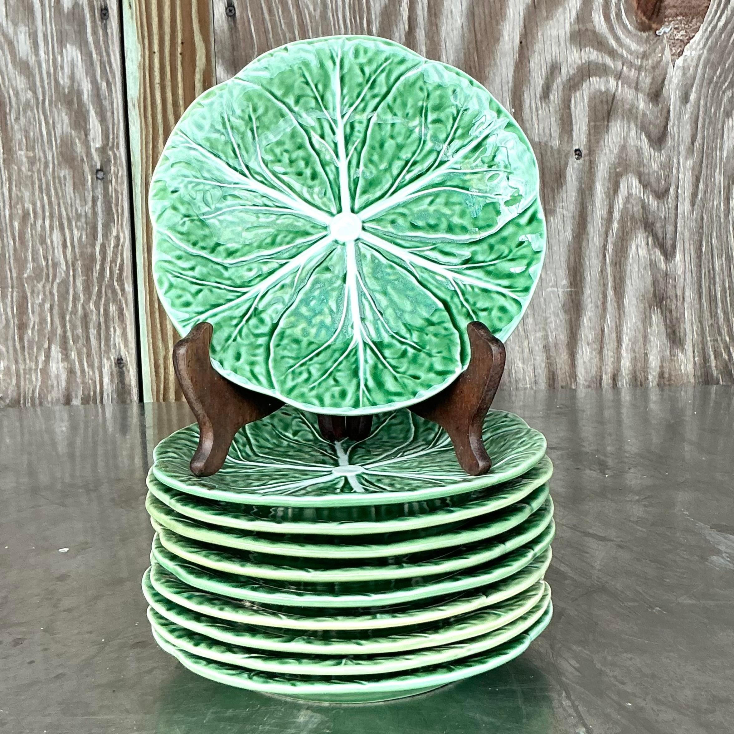 Portuguese Vintage Boho Bordallo Pinheiro Luncheon Plates - Set of 10