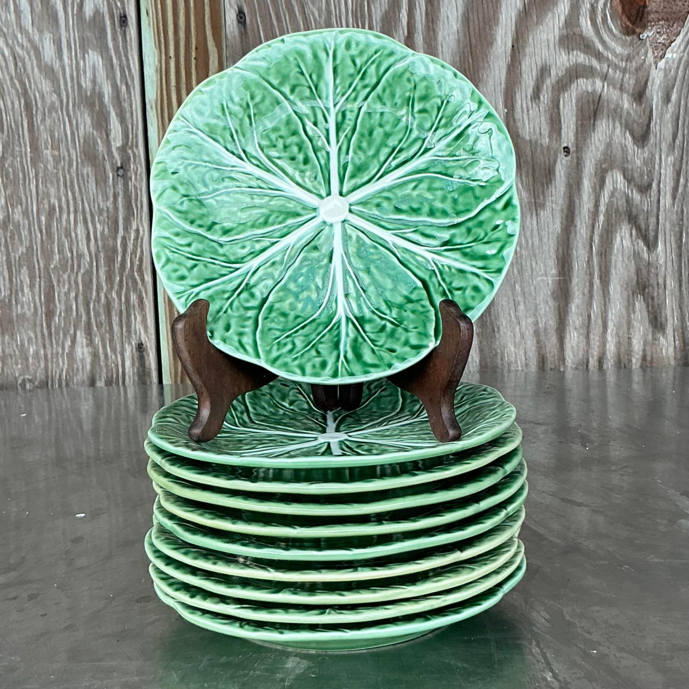 Vintage Boho Bordallo Pinheiro Luncheon Plates - Set of 10 In Good Condition In West Palm Beach, FL