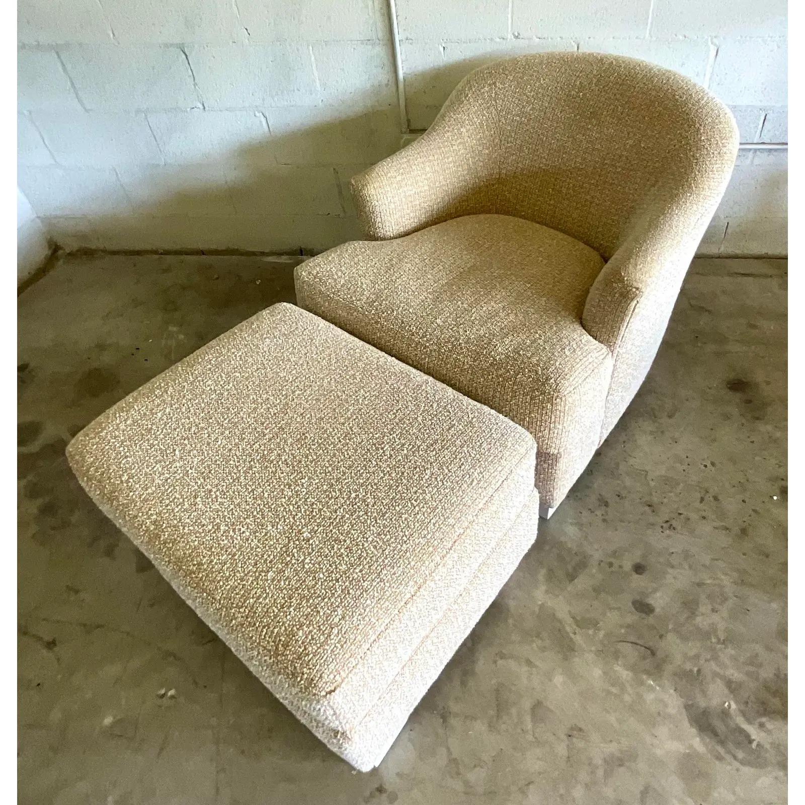 Vintage Boho Boucle Lounge Chair and Ottoman Set In Good Condition In west palm beach, FL