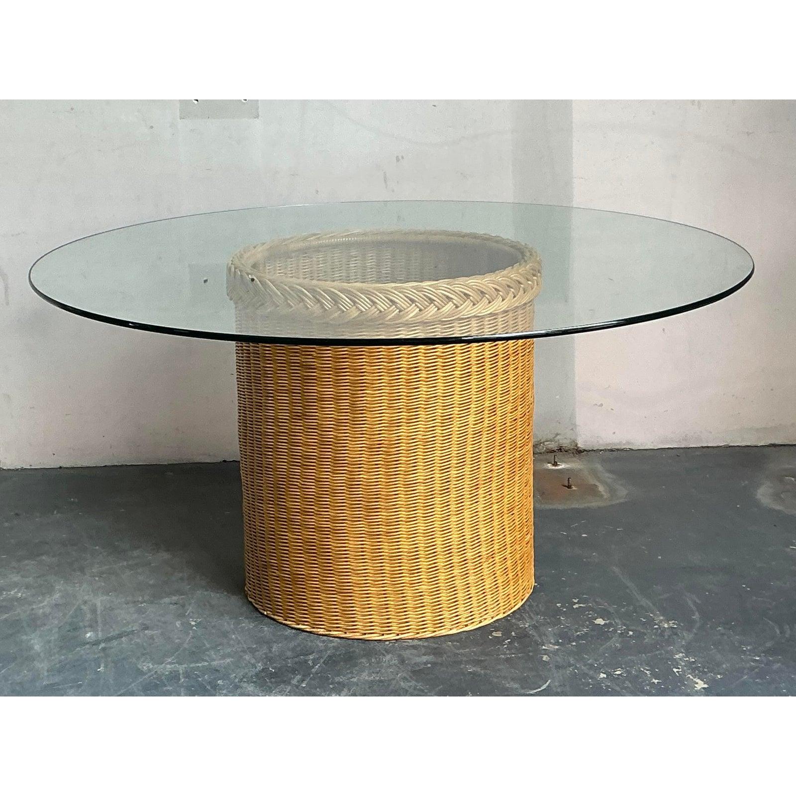 Vintage Boho Braided Rattan Dining Table In Good Condition For Sale In West Palm Beach, FL