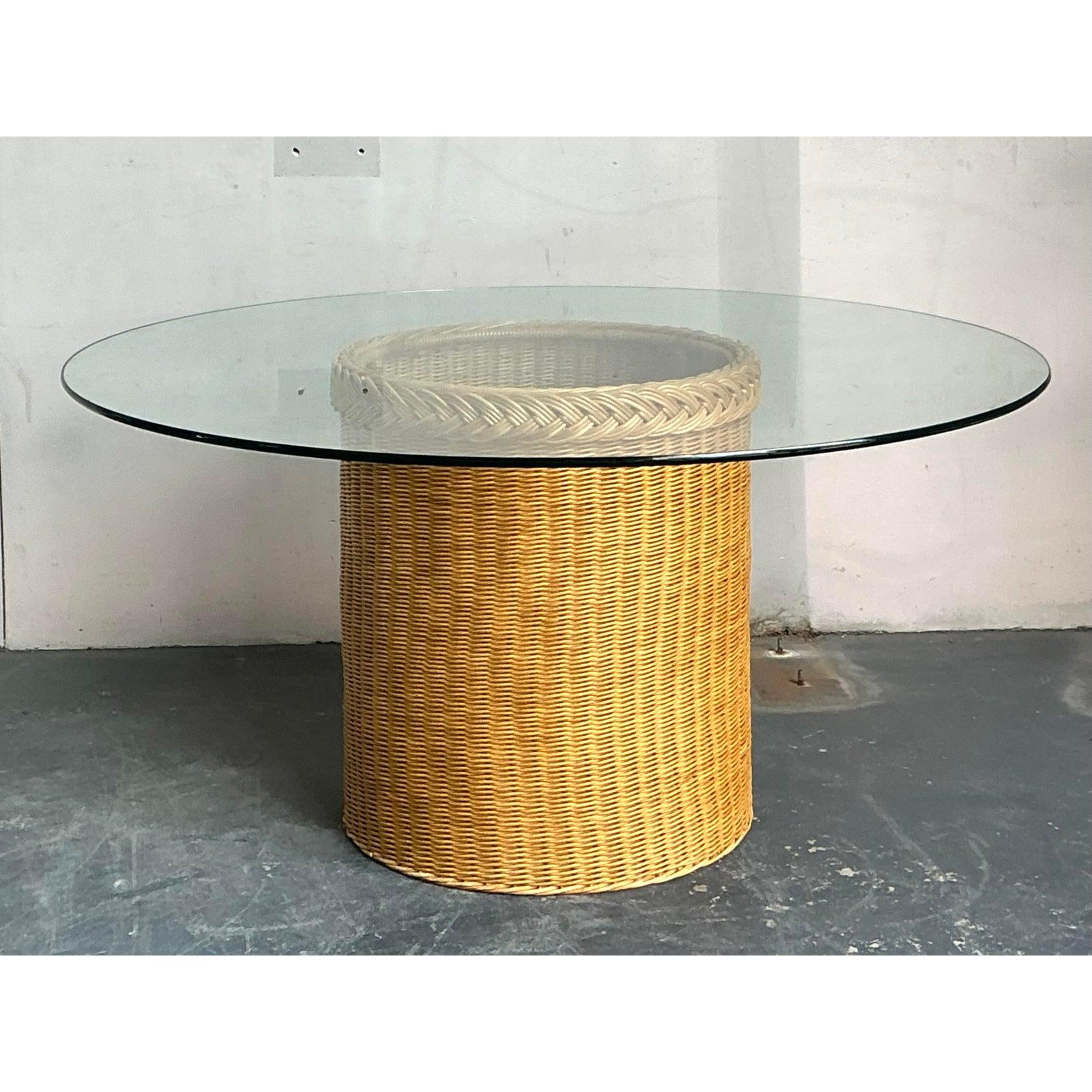 20th Century Vintage Boho Braided Rattan Dining Table For Sale