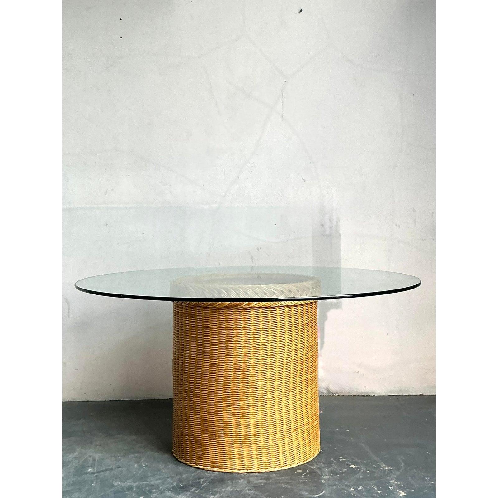 Vintage Boho Braided Rattan Dining Table For Sale 1