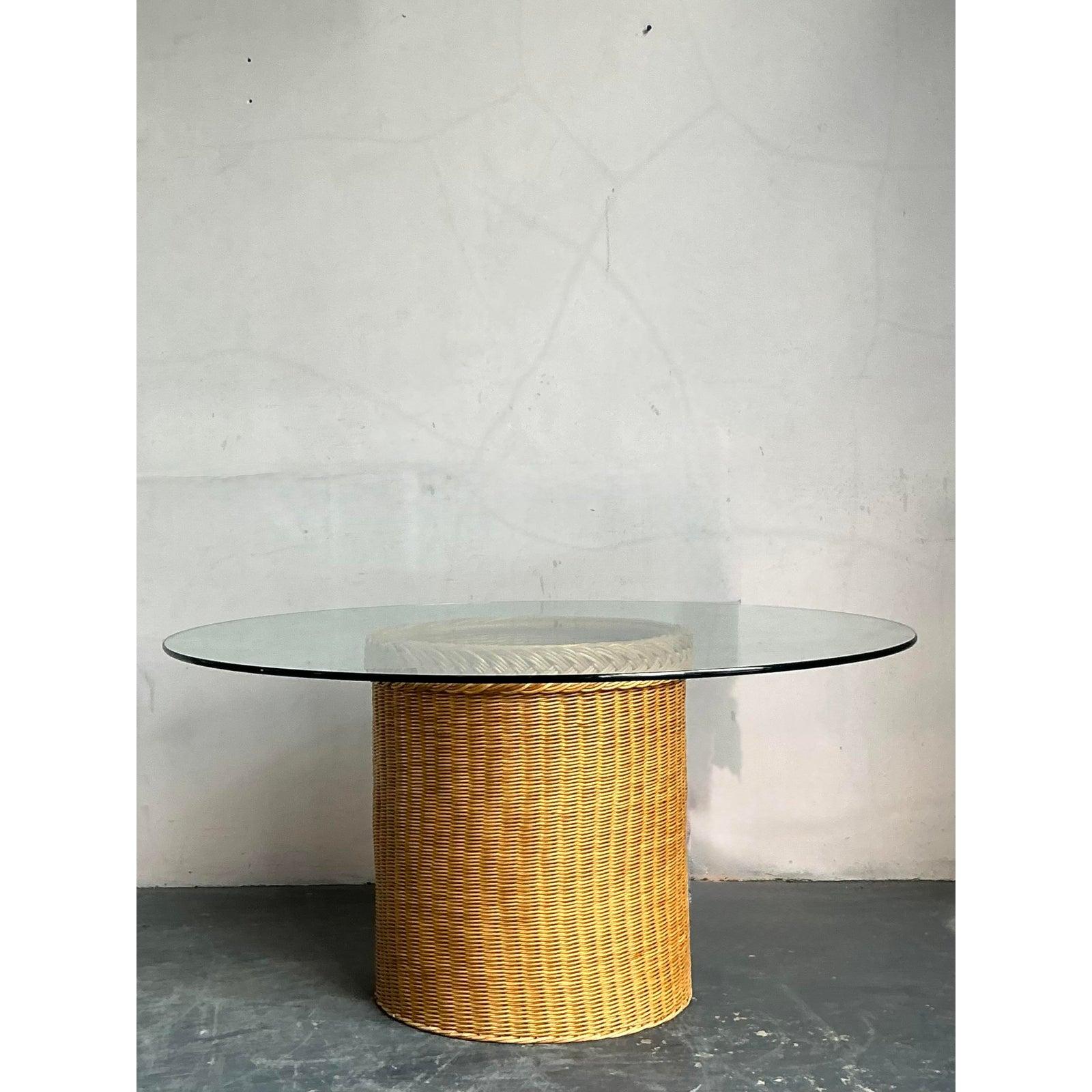 Vintage Boho Braided Rattan Dining Table For Sale 2