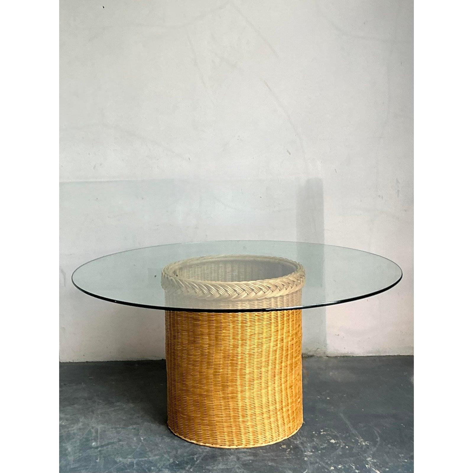 Vintage Boho Braided Rattan Dining Table For Sale 3