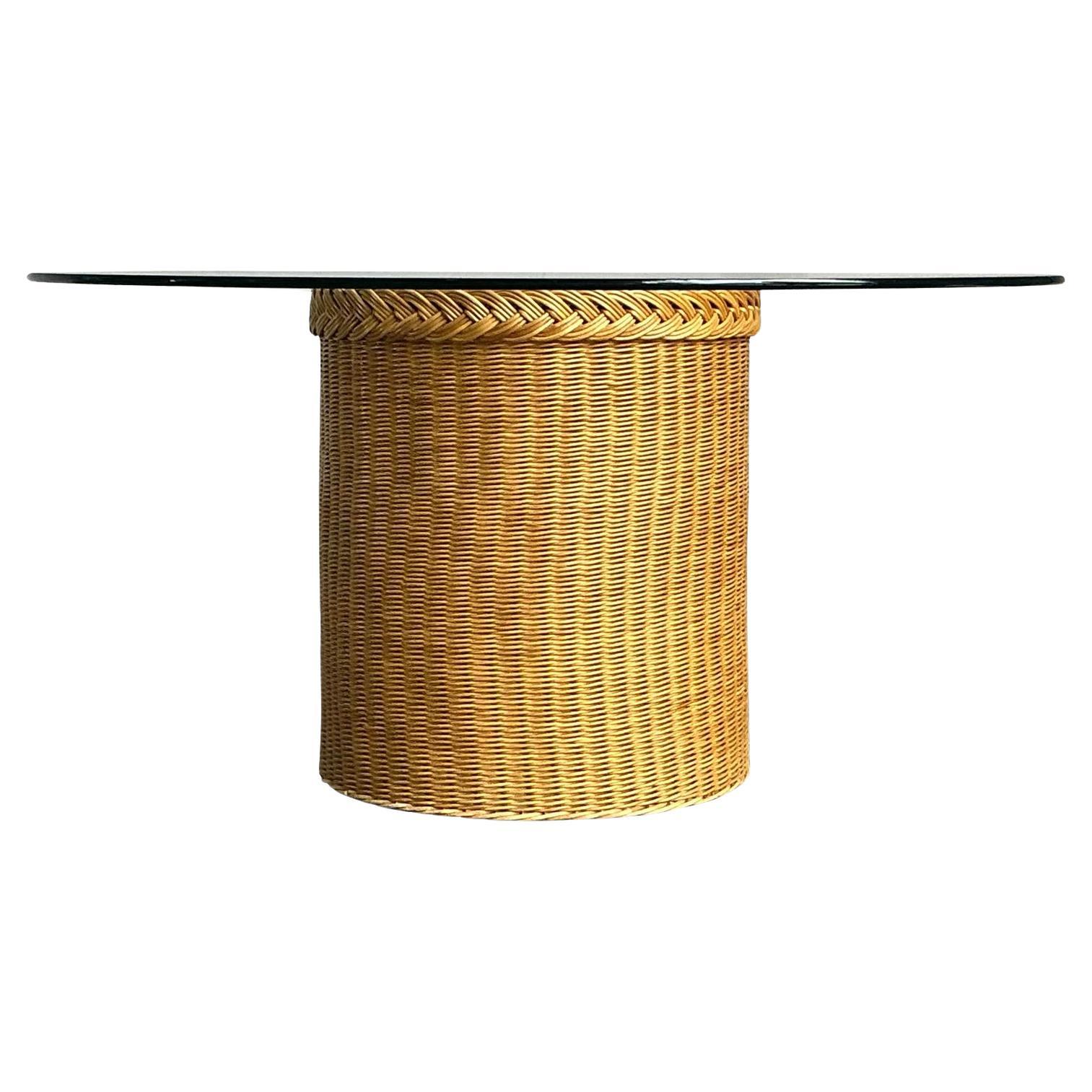 Vintage Boho Braided Rattan Dining Table For Sale