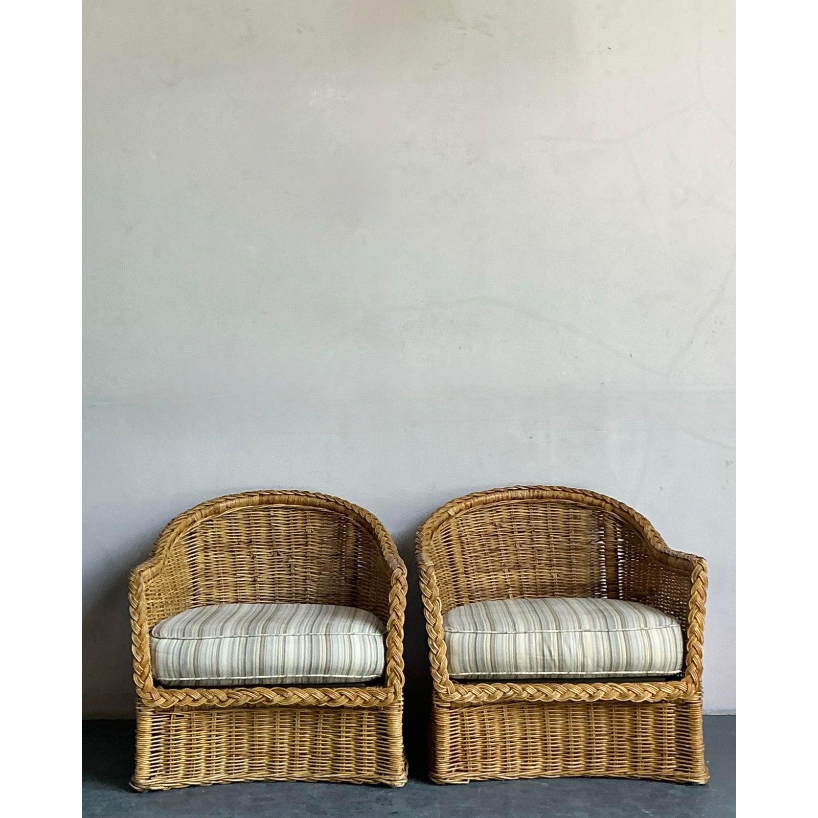 Mid-Century moderno Sedie da salotto in rattan intrecciato Boho d'epoca - Una coppia in vendita