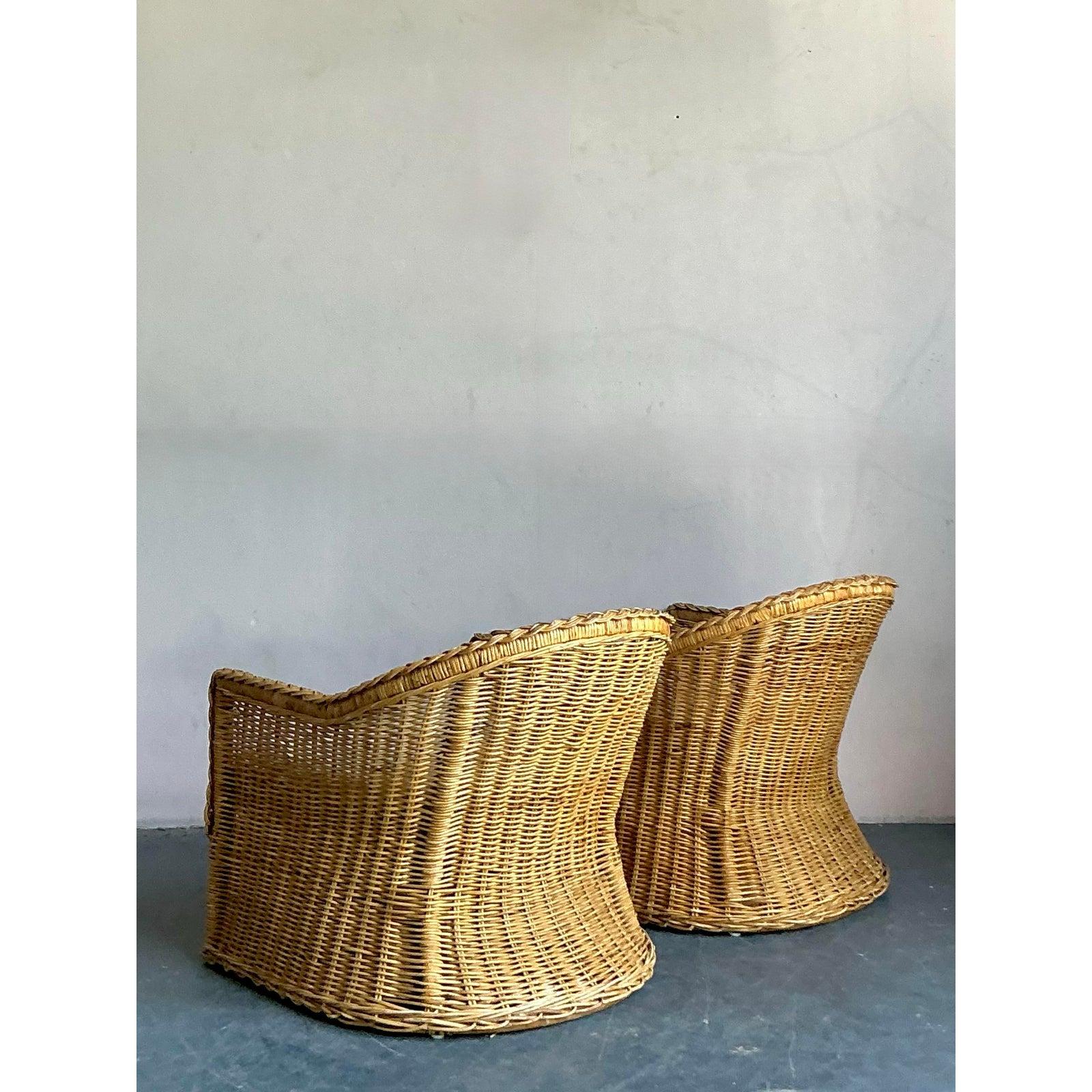 Sedie da salotto in rattan intrecciato Boho d'epoca - Una coppia In condizioni buone in vendita a West Palm Beach, FL