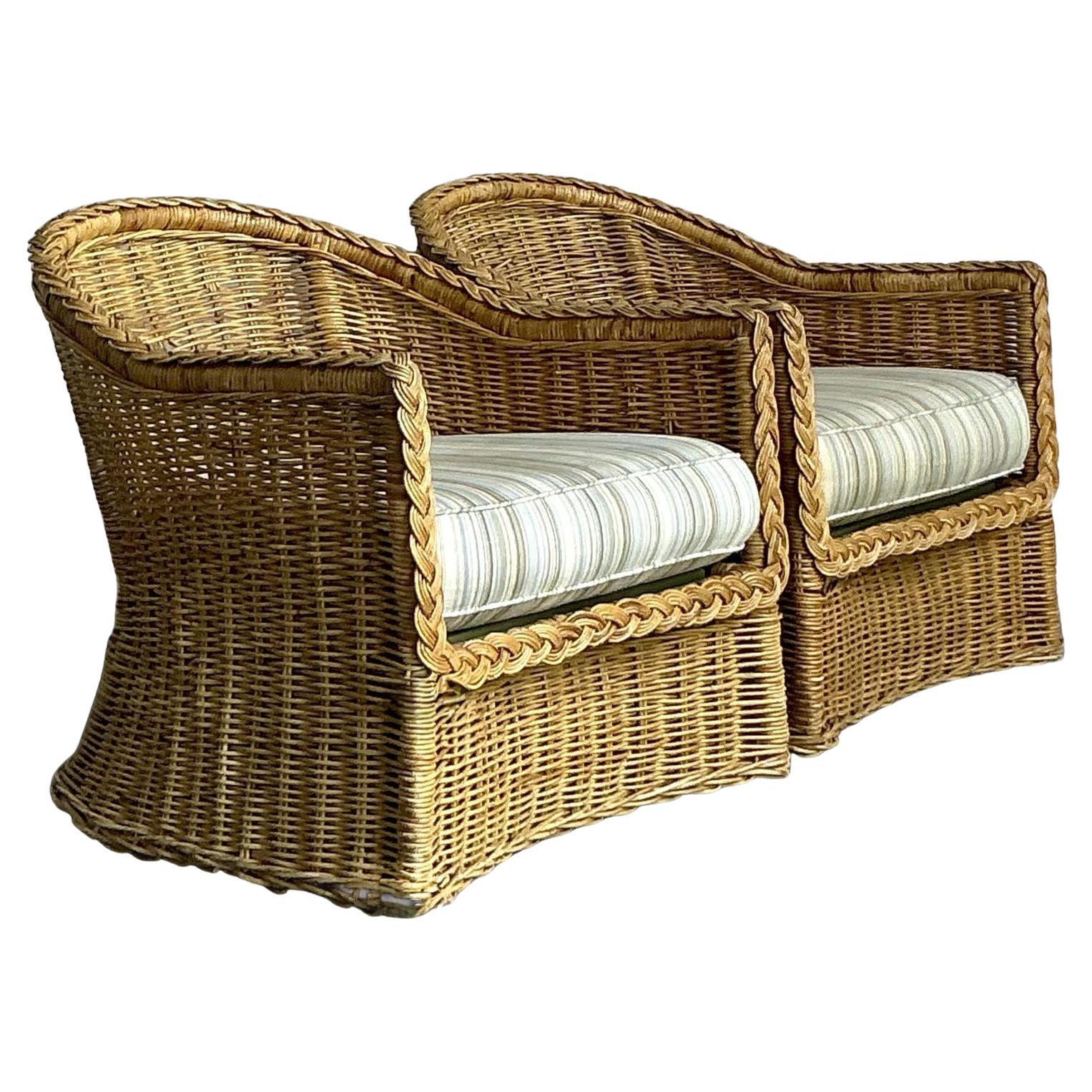 Pareja de tumbonas vintage de ratán trenzado boho