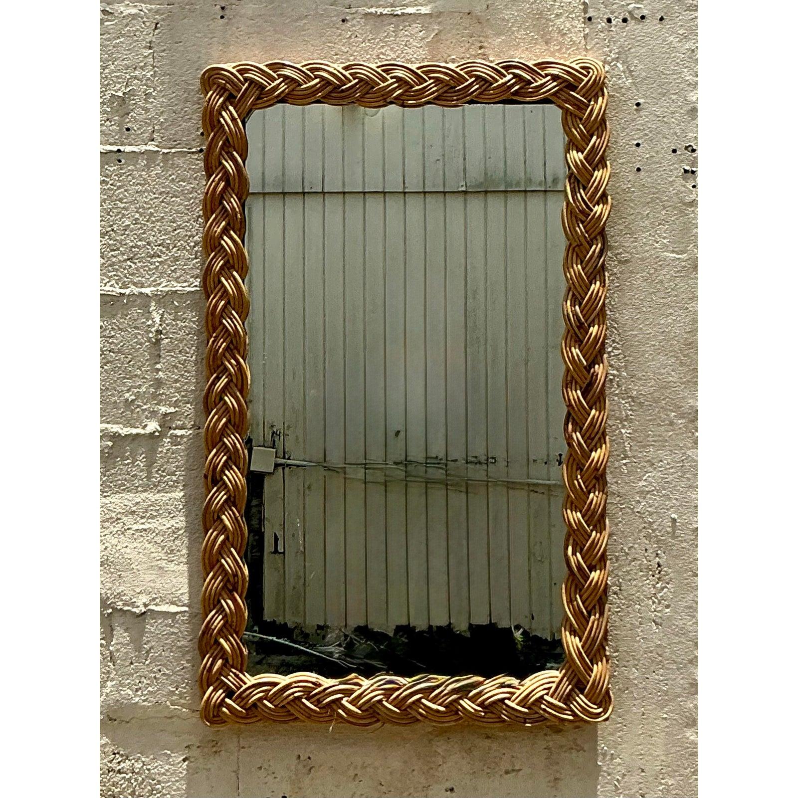 XX secolo Specchio vintage in rattan intrecciato Boho in vendita