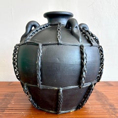Vintage Boho Braided Rattan Studio Pottery Jug