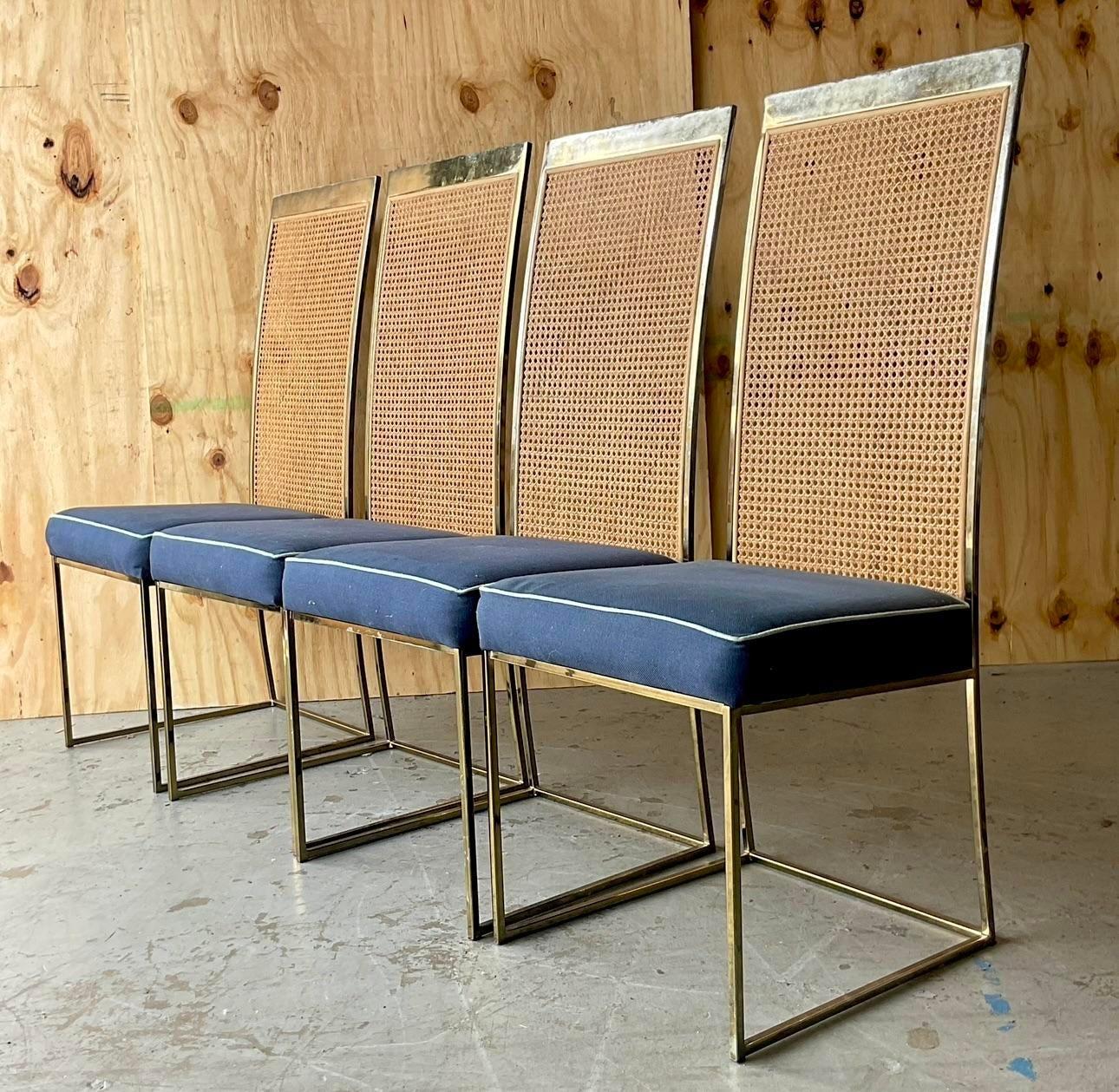 Vintage Boho Brass and Cane Dining Chairs After Milo Baughman- Set of Four For Sale 6