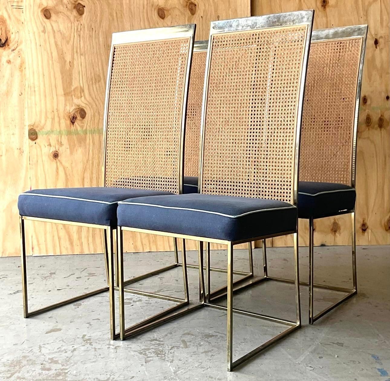 Vintage Boho Brass and Cane Dining Chairs After Milo Baughman- Set of Four In Good Condition For Sale In west palm beach, FL