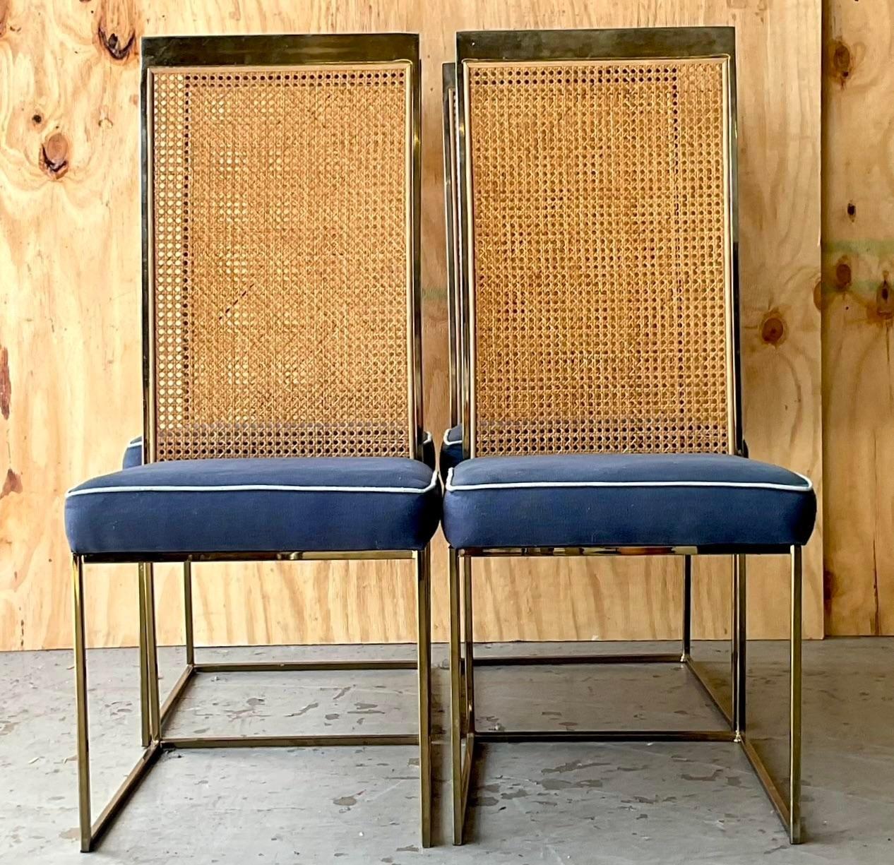 20th Century Vintage Boho Brass and Cane Dining Chairs After Milo Baughman- Set of Four For Sale